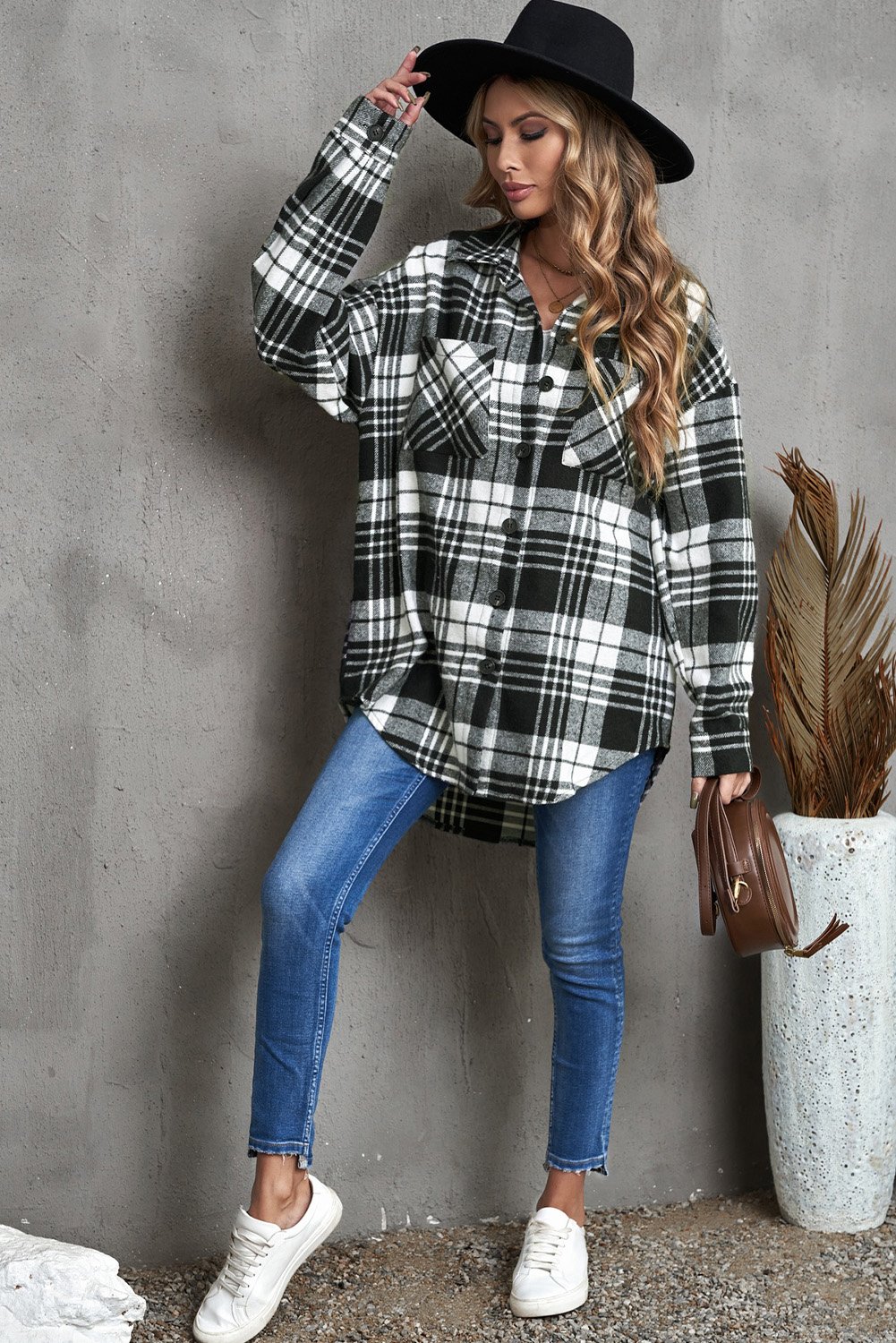 A stylish plaid boyfriend shirt coat for women, featuring a turn-down collar, full sleeves, and a high-low hemline, perfect for winter wear.