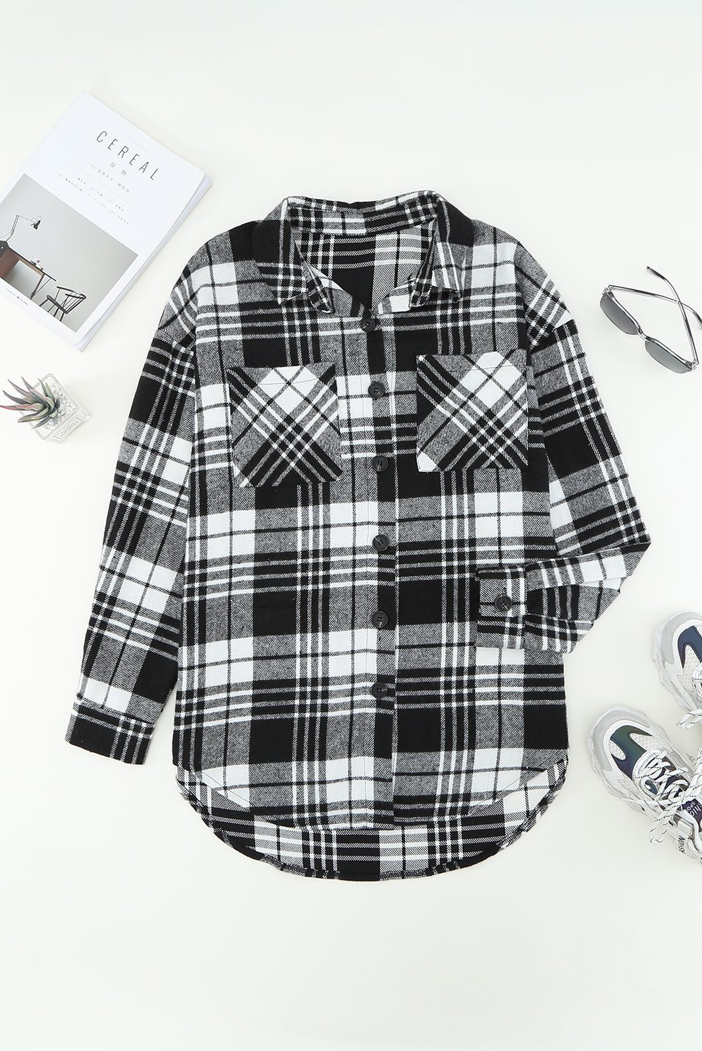 A stylish plaid boyfriend shirt coat for women, featuring a turn-down collar, full sleeves, and a high-low hemline, perfect for winter wear.