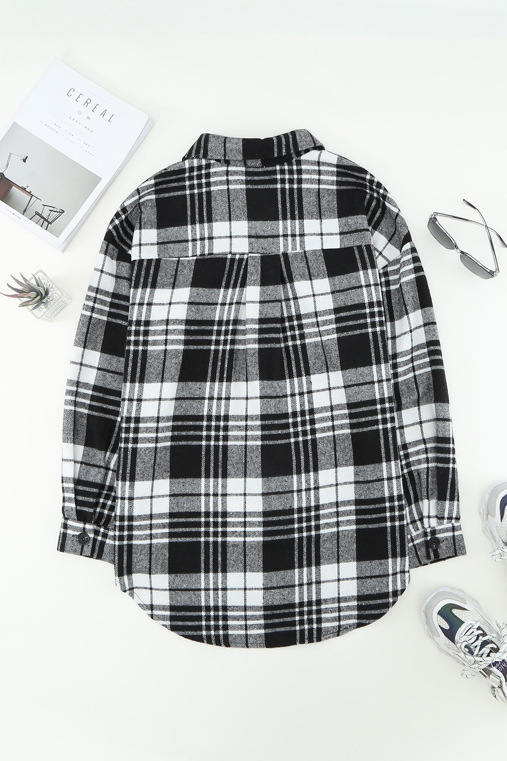 A stylish plaid boyfriend shirt coat for women, featuring a turn-down collar, full sleeves, and a high-low hemline, perfect for winter wear.