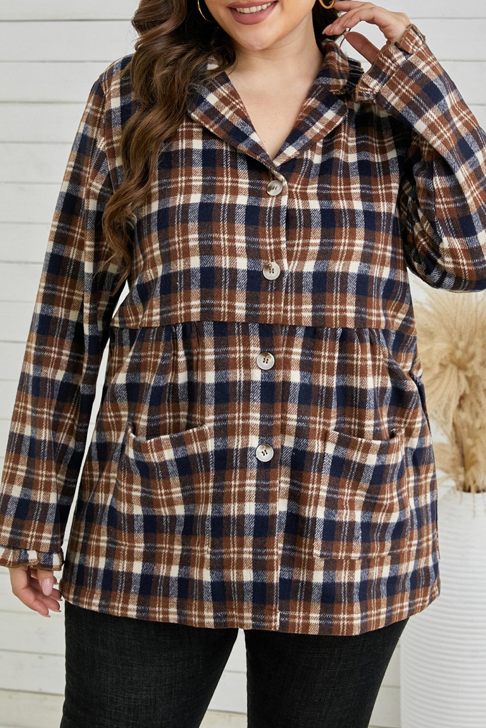 A stylish plaid print plus size coat with full sleeves and a turn-down collar, featuring functional pockets.