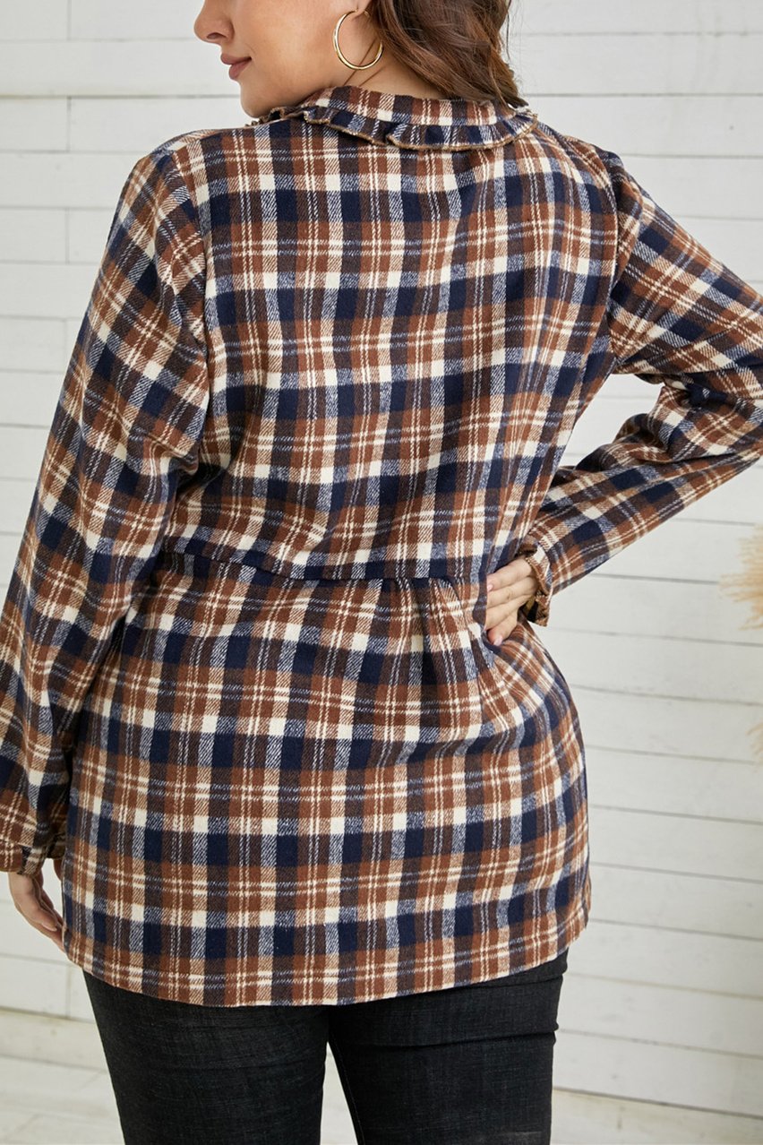 A stylish plaid print plus size coat with full sleeves and a turn-down collar, featuring functional pockets.