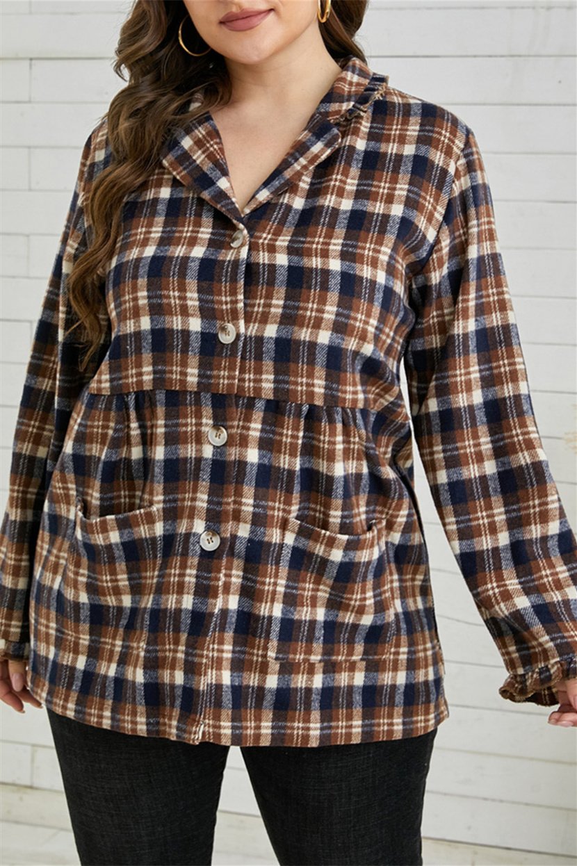 A stylish plaid print plus size coat with full sleeves and a turn-down collar, featuring functional pockets.