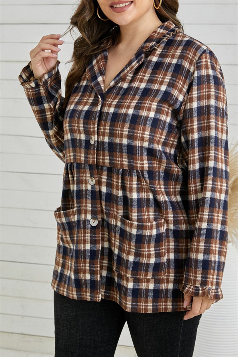 A stylish plaid print plus size coat with full sleeves and a turn-down collar, featuring functional pockets.