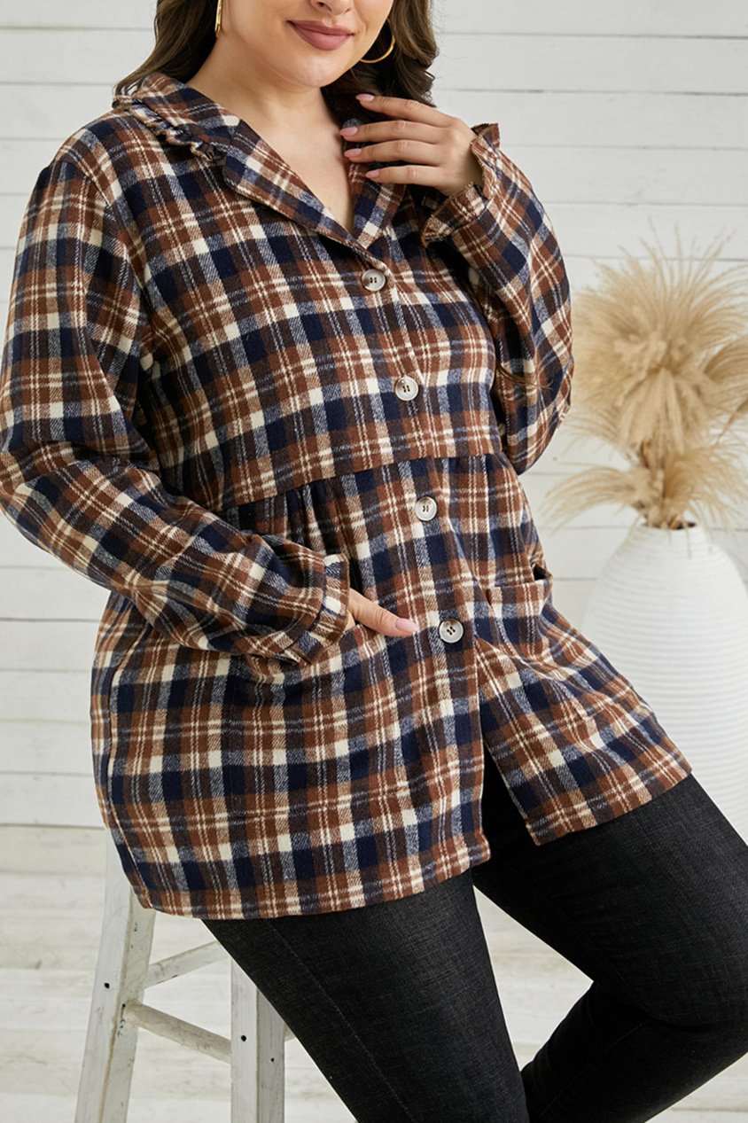 A stylish plaid print plus size coat with full sleeves and a turn-down collar, featuring functional pockets.