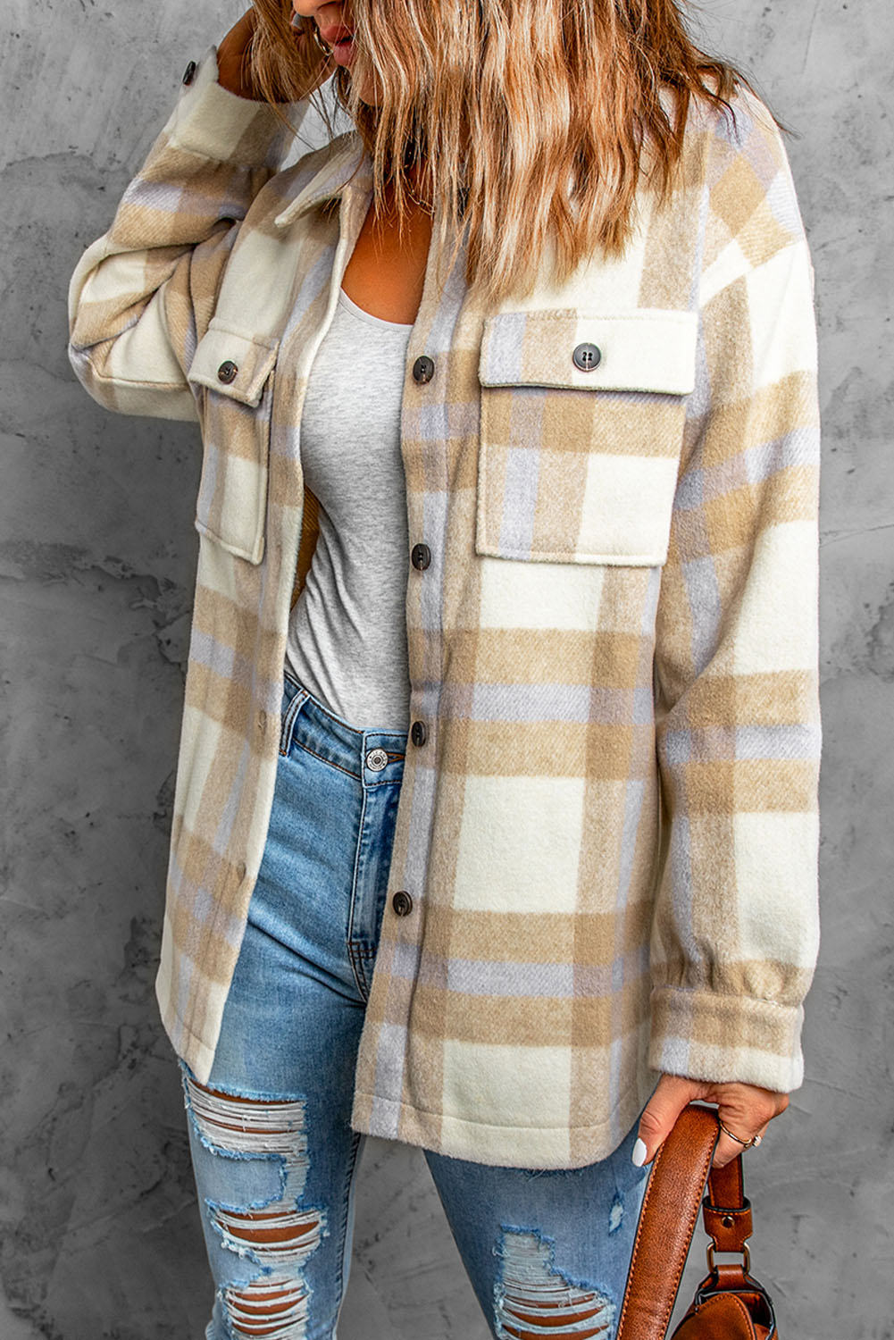 A stylish plaid print women shacket in brown and gray, featuring button closure and flap pockets, perfect for winter layering.