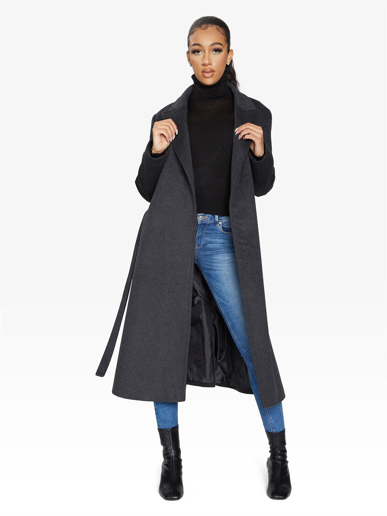 Belted Longline Duster Coat in luxurious Italian wool and cashmere, featuring pointed notch lapels and a tie belt at the waist.