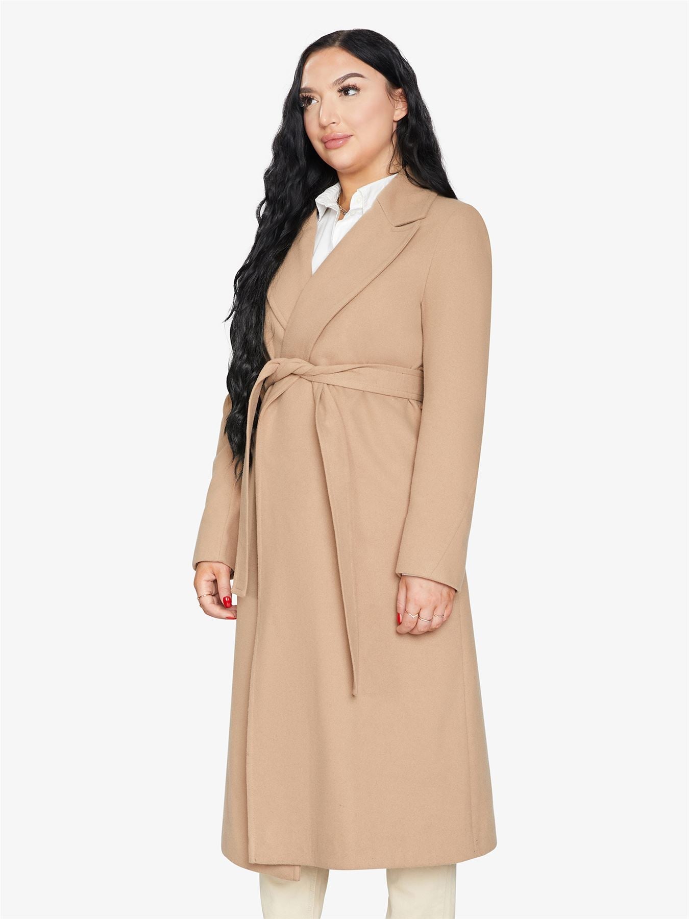 Belted Longline Duster Coat in luxurious Italian wool and cashmere, featuring pointed notch lapels and a tie belt at the waist.