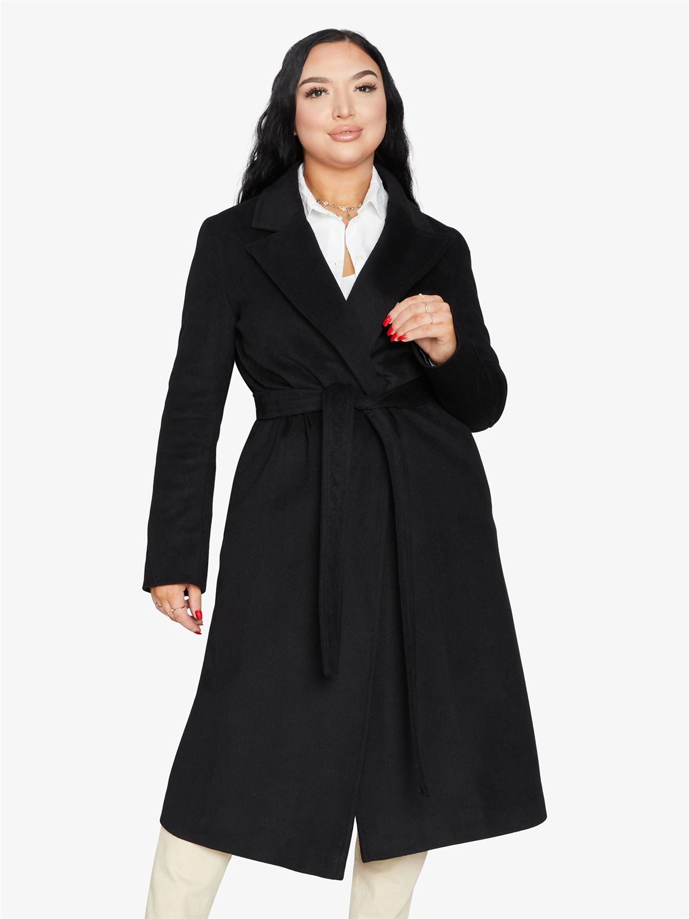 Belted Longline Duster Coat in luxurious Italian wool and cashmere, featuring pointed notch lapels and a tie belt at the waist.