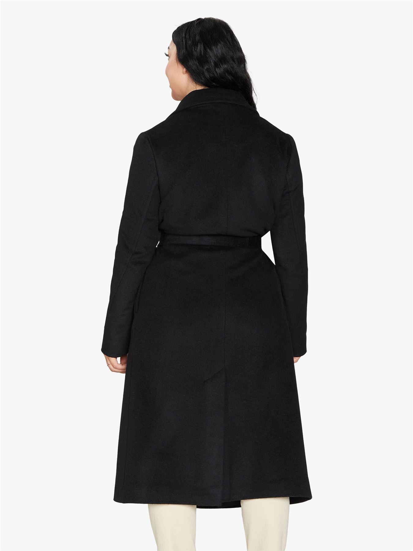 Belted Longline Duster Coat in luxurious Italian wool and cashmere, featuring pointed notch lapels and a tie belt at the waist.