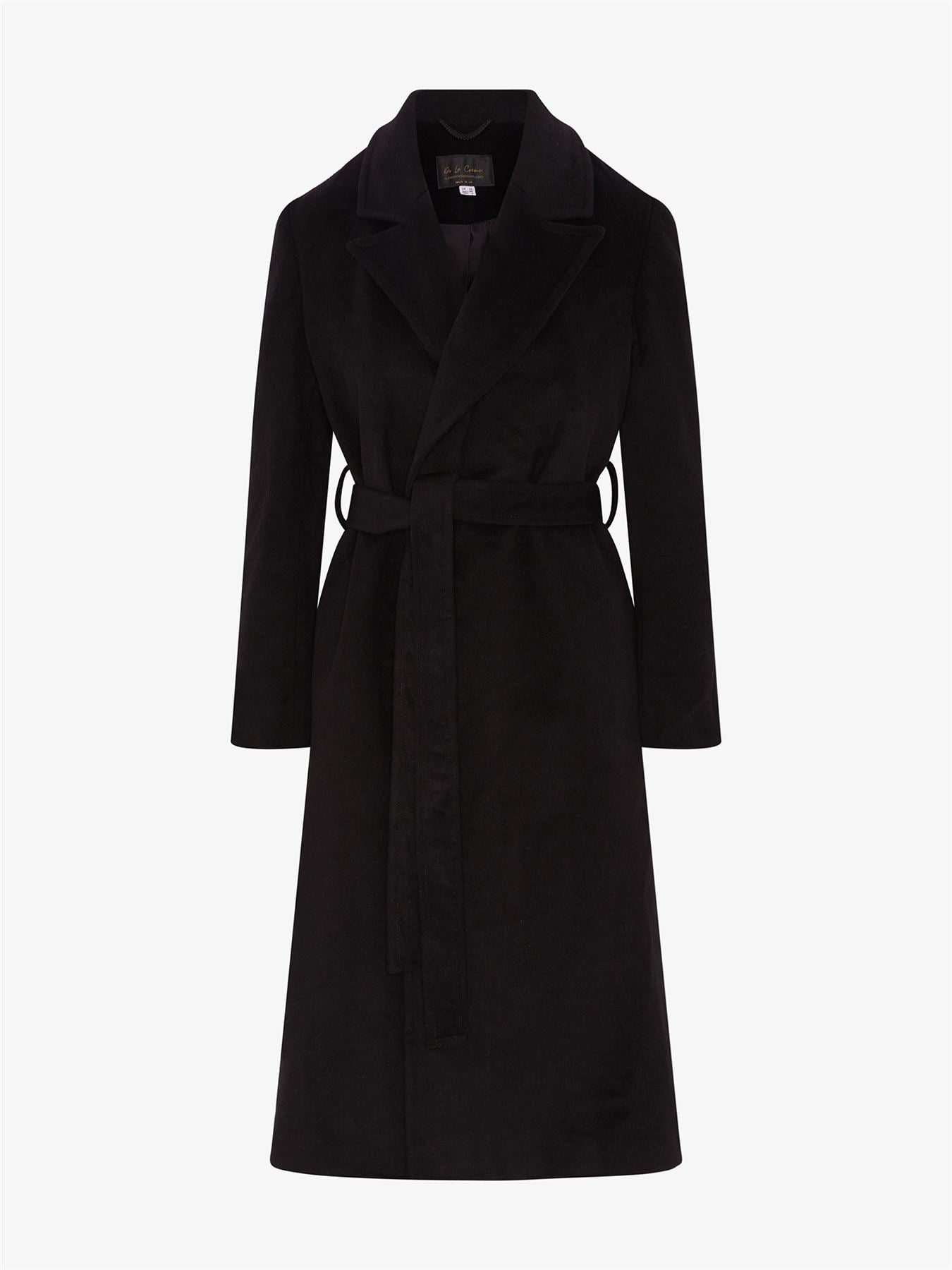 Belted Longline Duster Coat in luxurious Italian wool and cashmere, featuring pointed notch lapels and a tie belt at the waist.