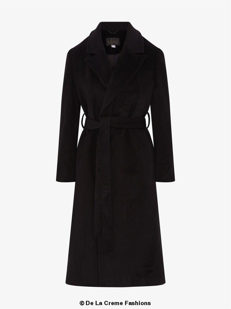 Belted Longline Duster Coat in luxurious Italian wool and cashmere, featuring pointed notch lapels and a tie belt at the waist.