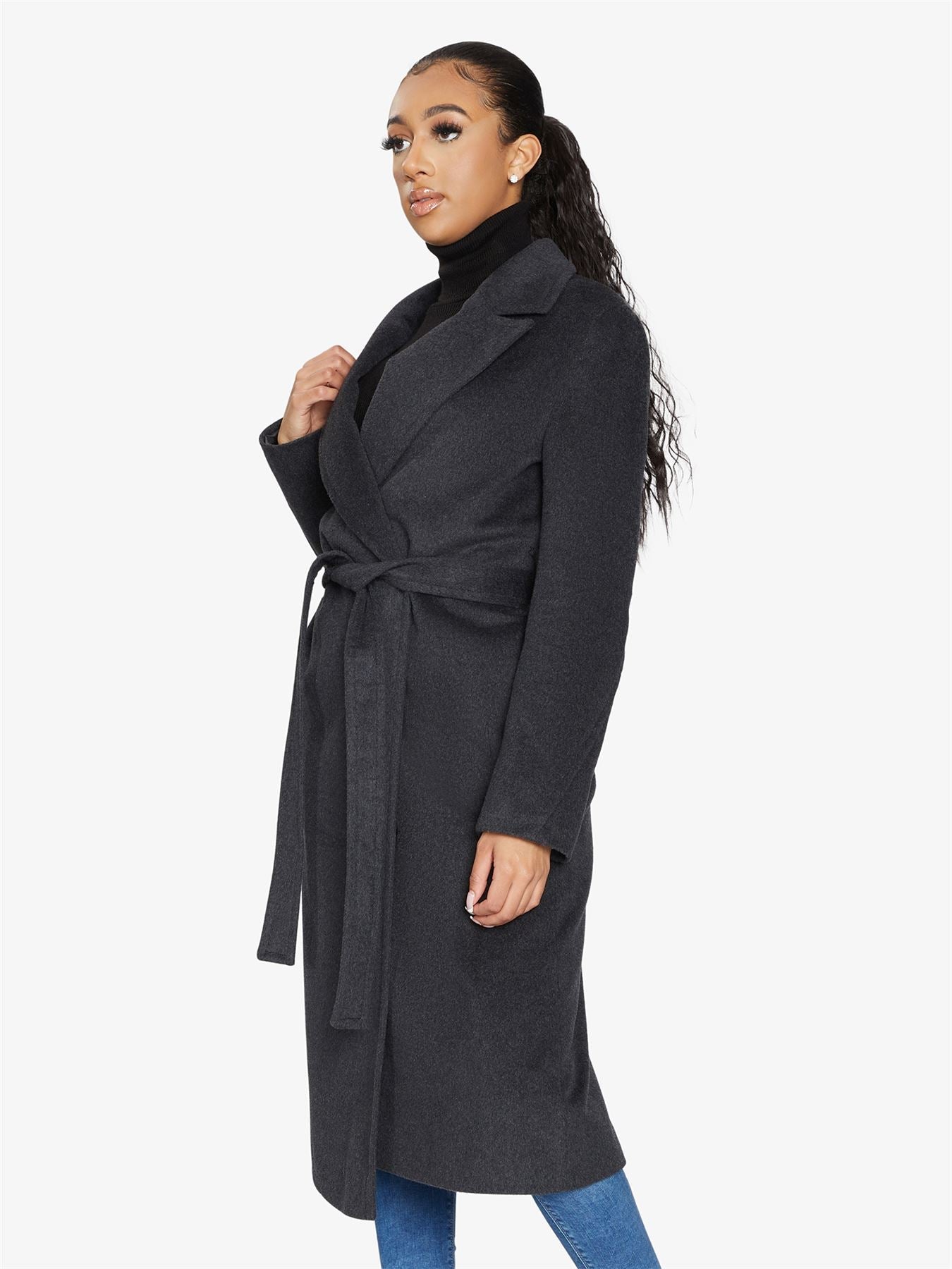 Belted Longline Duster Coat in luxurious Italian wool and cashmere, featuring pointed notch lapels and a tie belt at the waist.