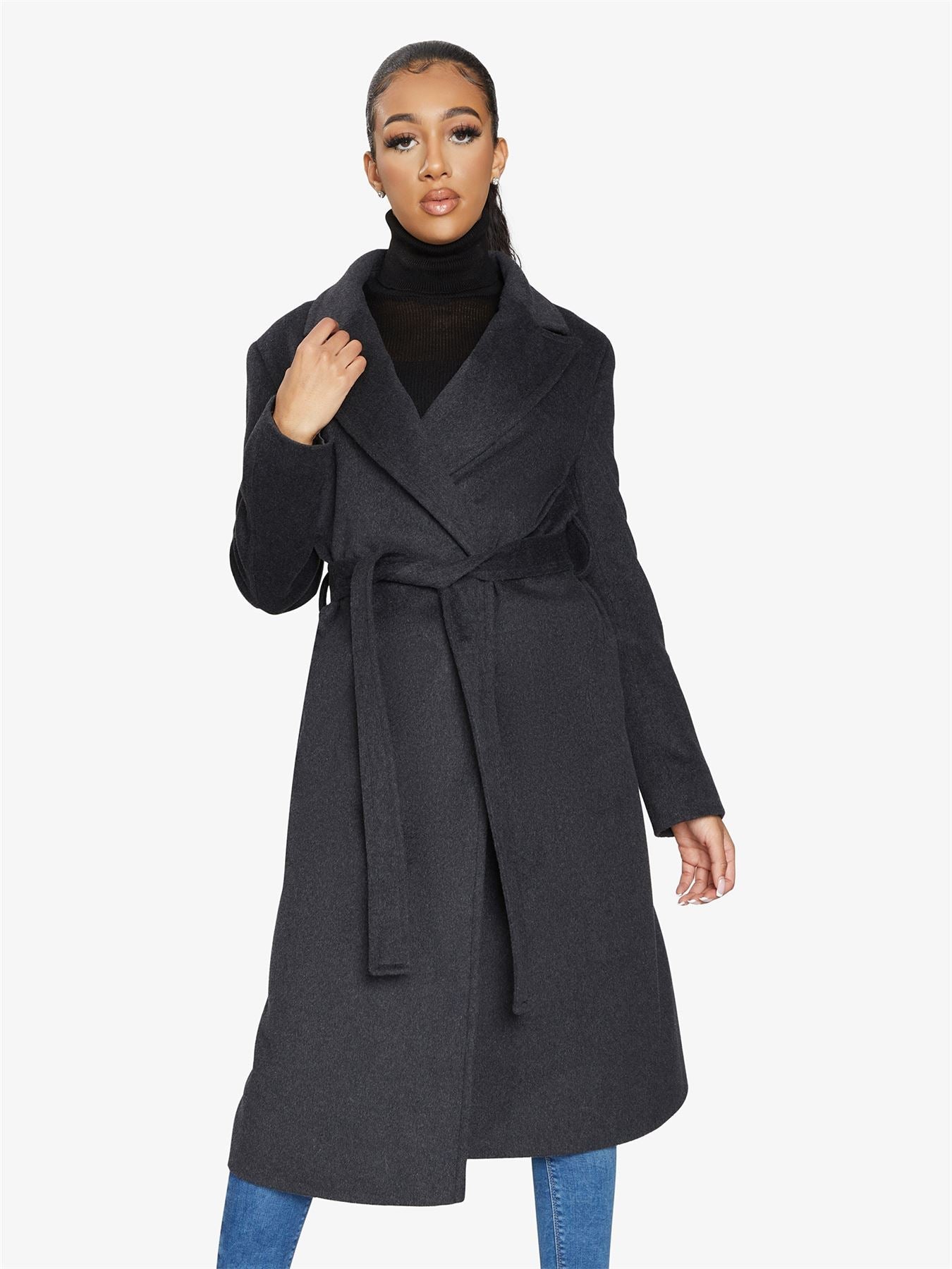 Belted Longline Duster Coat in luxurious Italian wool and cashmere, featuring pointed notch lapels and a tie belt at the waist.