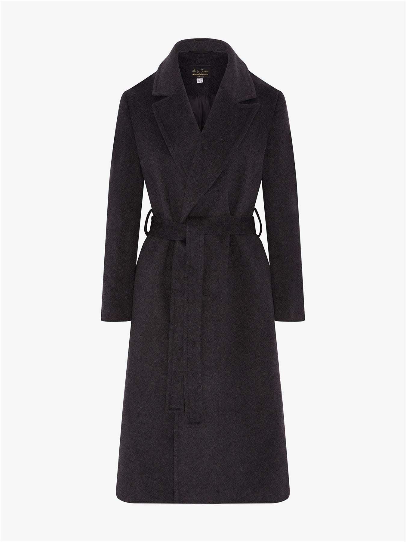 Belted Longline Duster Coat in luxurious Italian wool and cashmere, featuring pointed notch lapels and a tie belt at the waist.