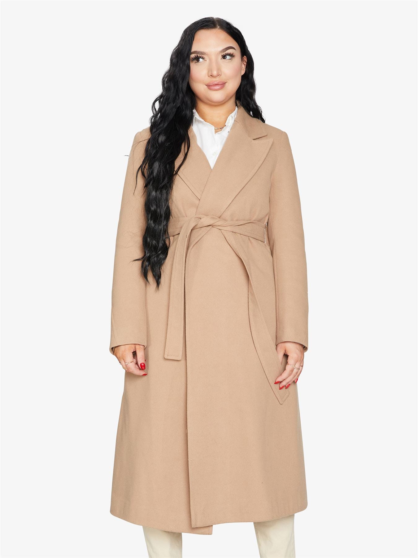 Belted Longline Duster Coat in luxurious Italian wool and cashmere, featuring pointed notch lapels and a tie belt at the waist.