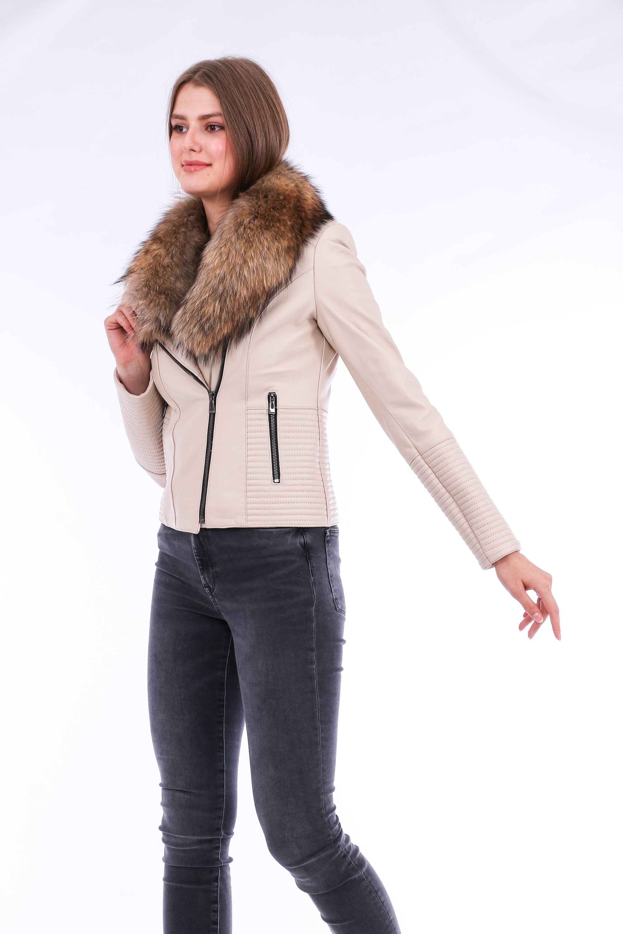 Ravenna Leather Biker Jacket in white with detachable fox fur collar, showcasing premium quality leather and stylish design.