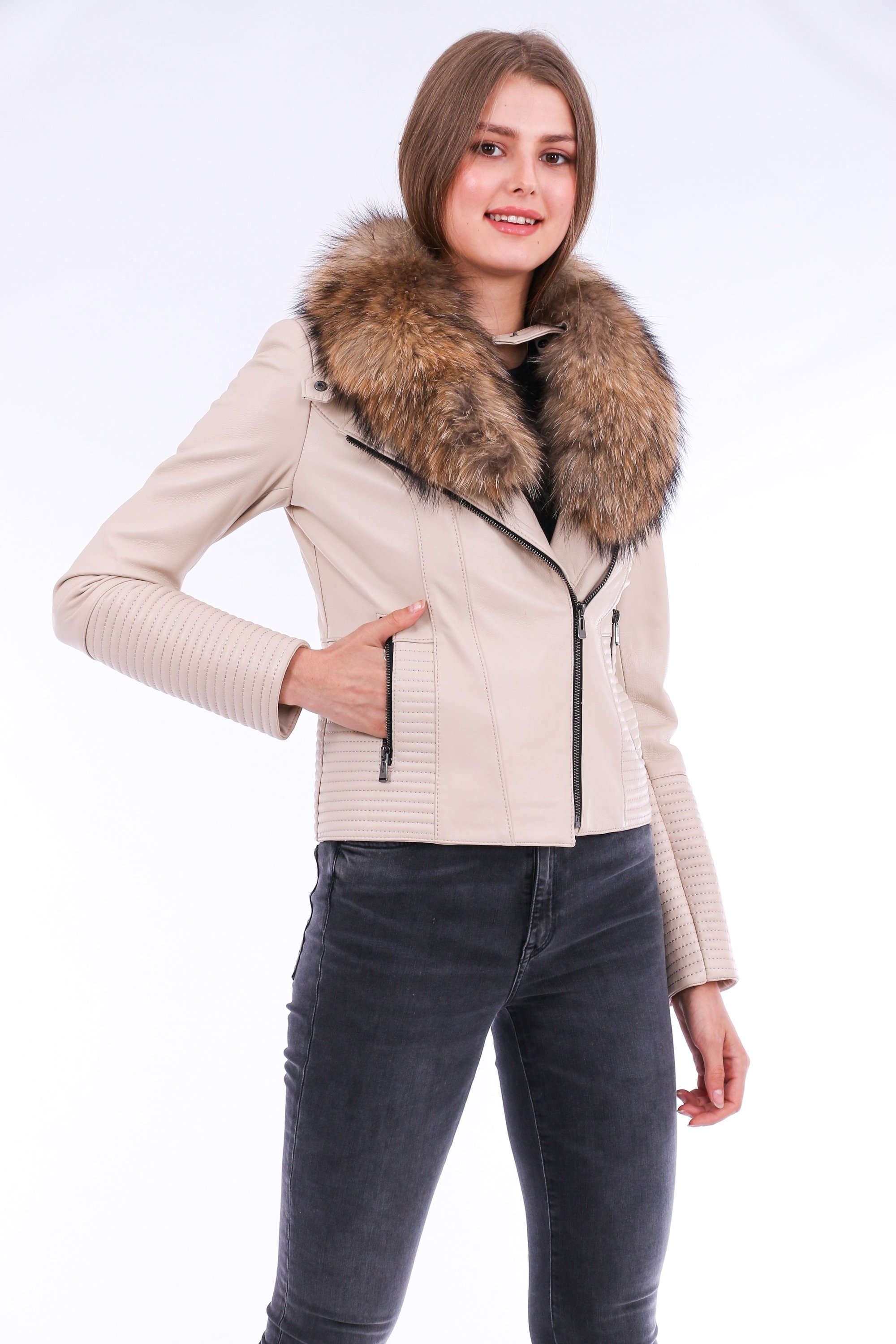 Ravenna Leather Biker Jacket in white with detachable fox fur collar, showcasing premium quality leather and stylish design.