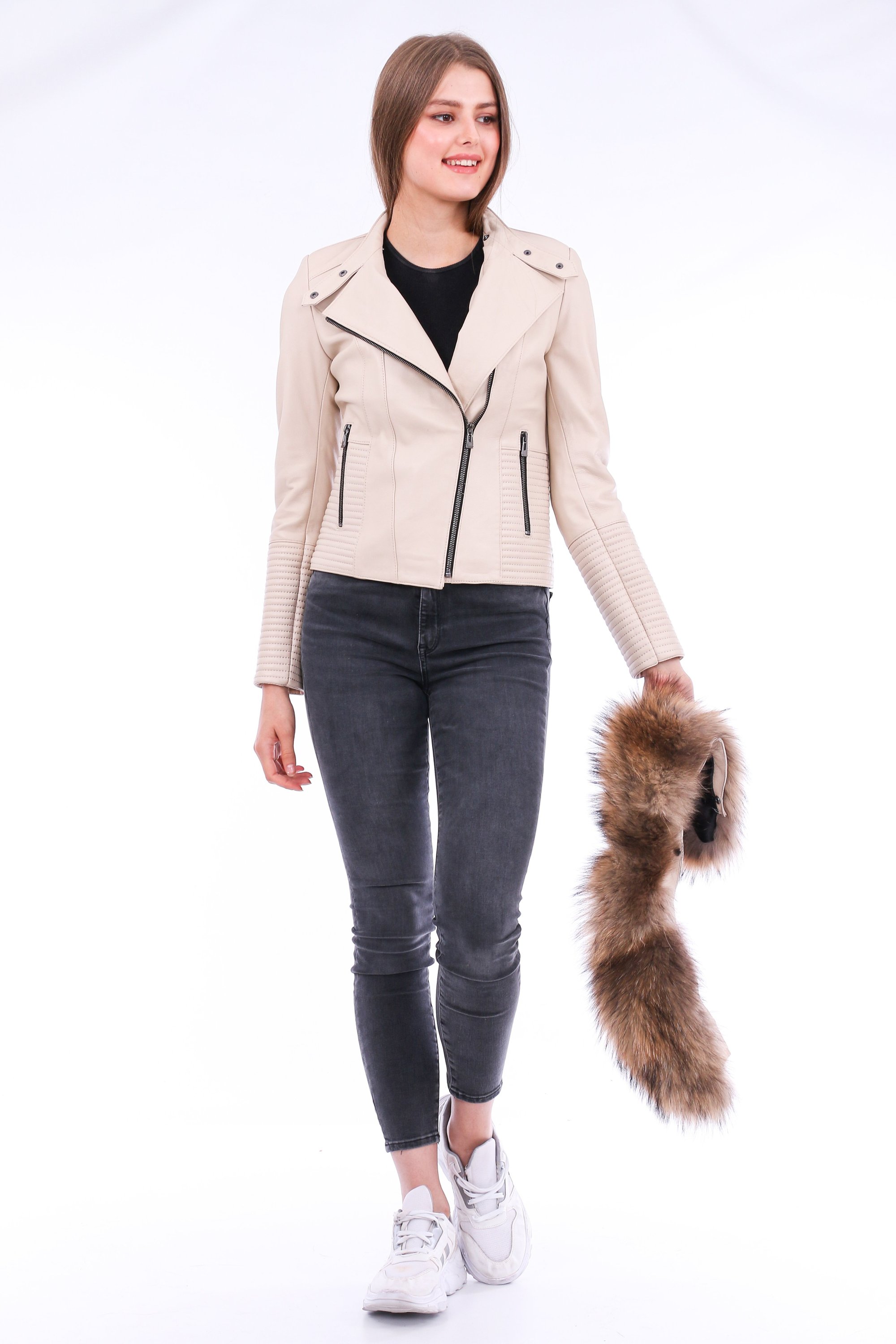 Ravenna Leather Biker Jacket in white with detachable fox fur collar, showcasing premium quality leather and stylish design.