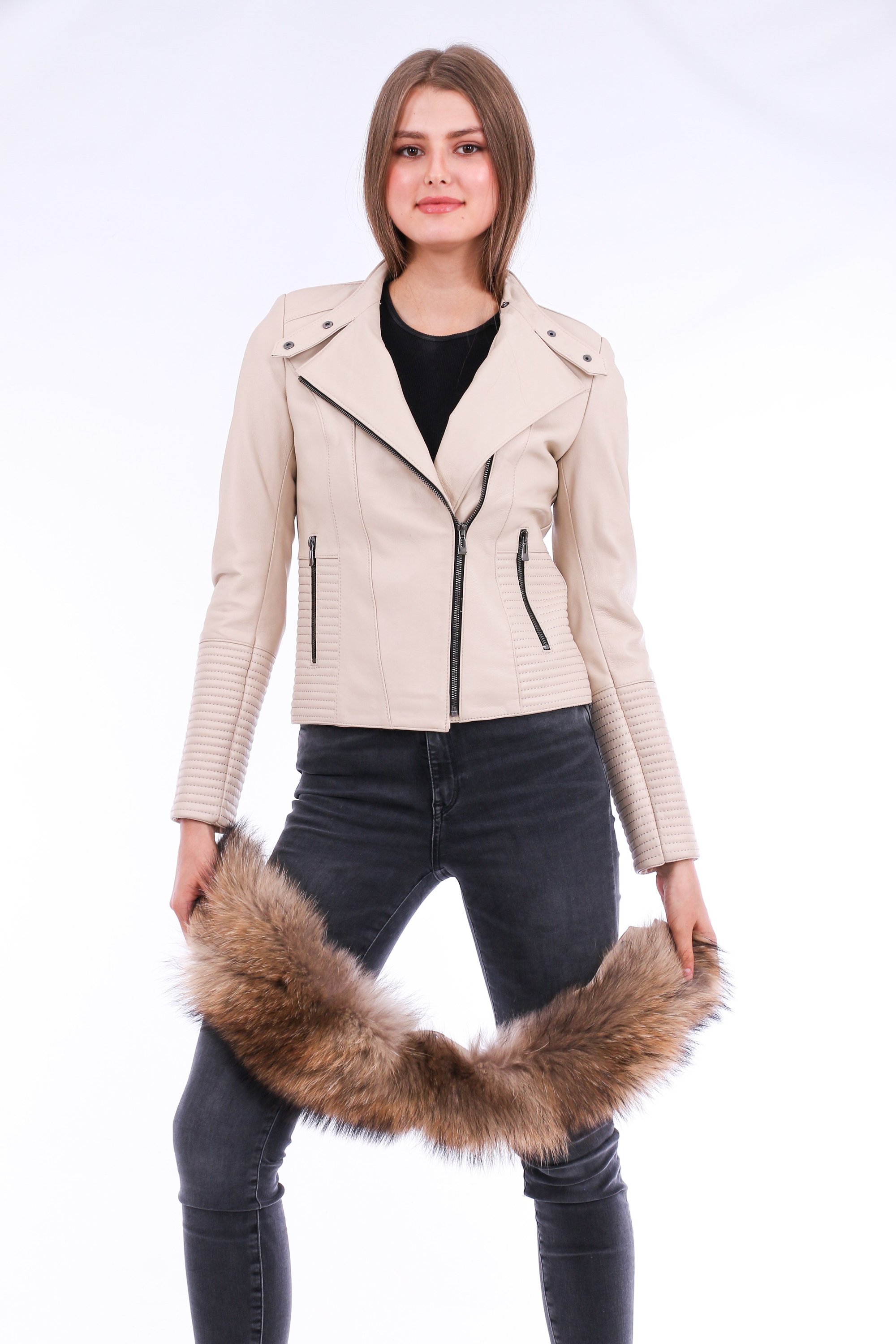 Ravenna Leather Biker Jacket in white with detachable fox fur collar, showcasing premium quality leather and stylish design.