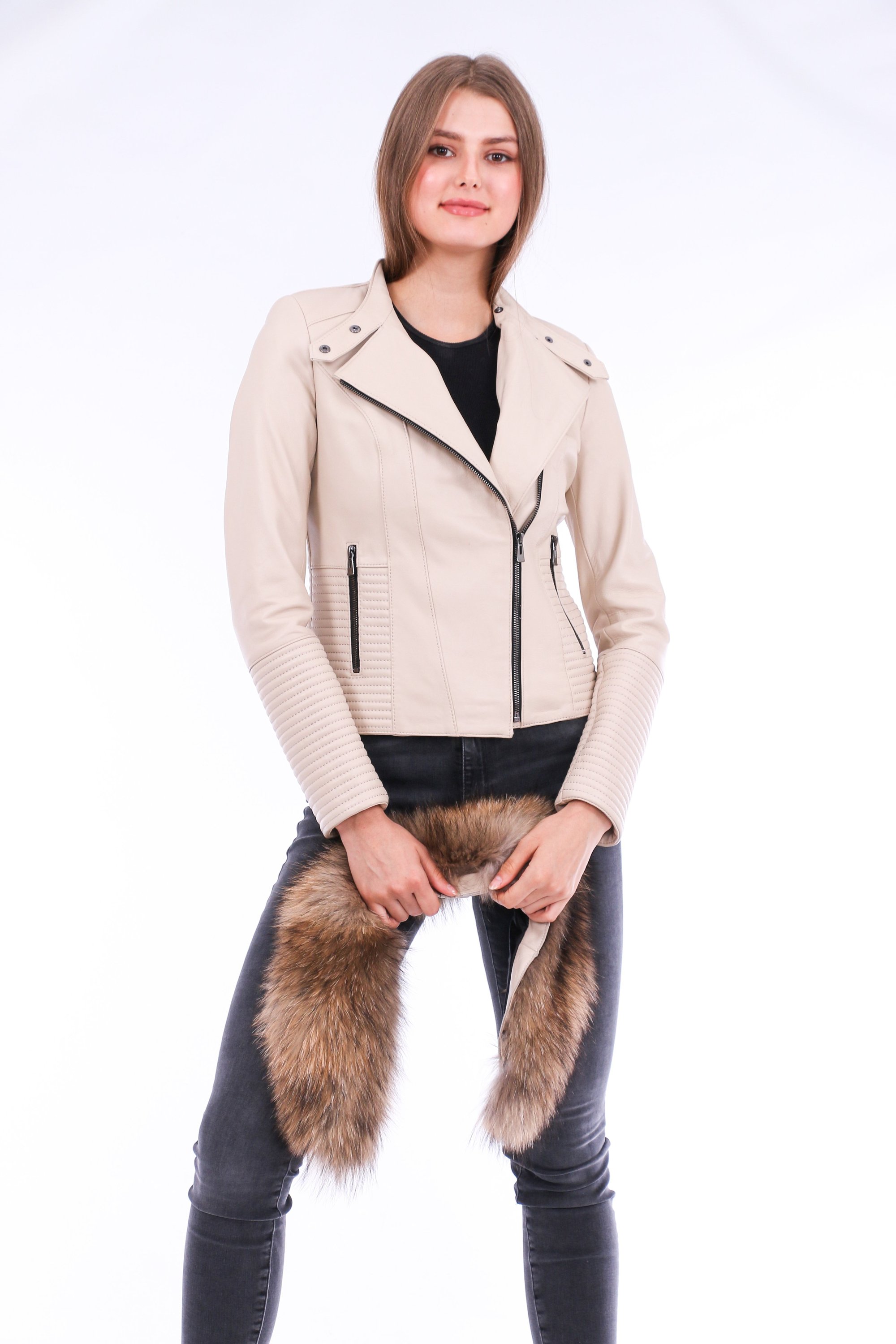 Ravenna Leather Biker Jacket in white with detachable fox fur collar, showcasing premium quality leather and stylish design.