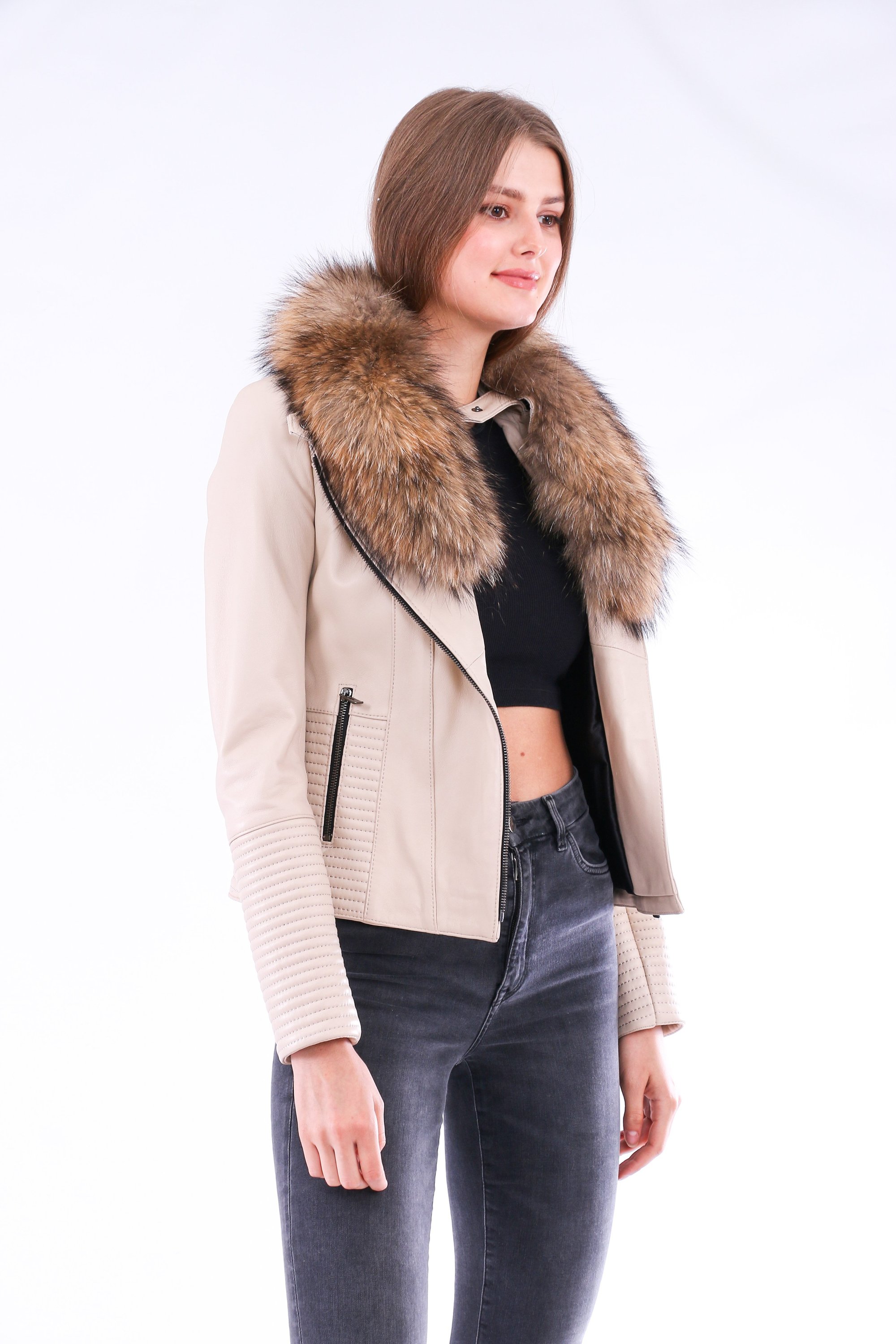 Ravenna Leather Biker Jacket in white with detachable fox fur collar, showcasing premium quality leather and stylish design.