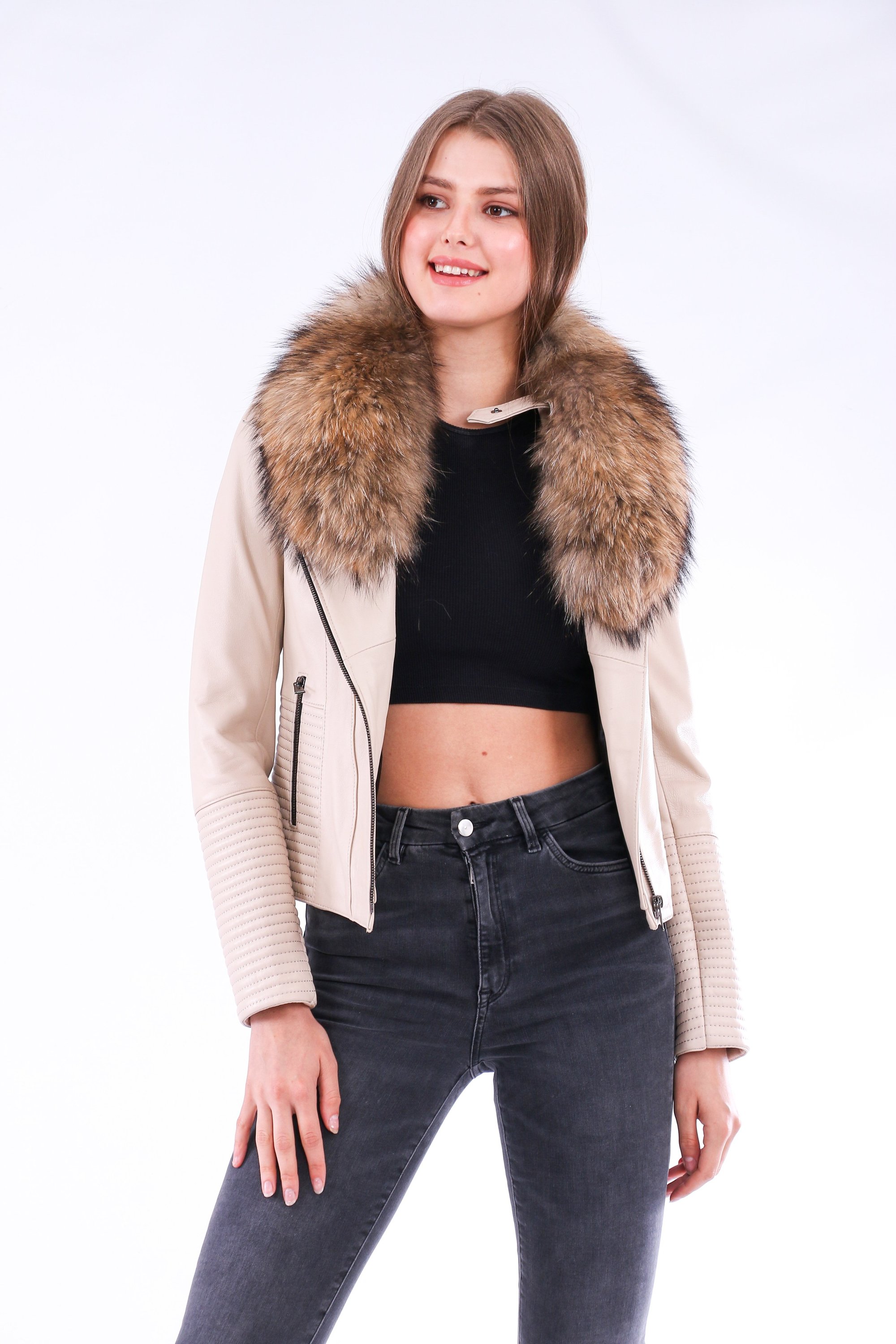 Ravenna Leather Biker Jacket in white with detachable fox fur collar, showcasing premium quality leather and stylish design.