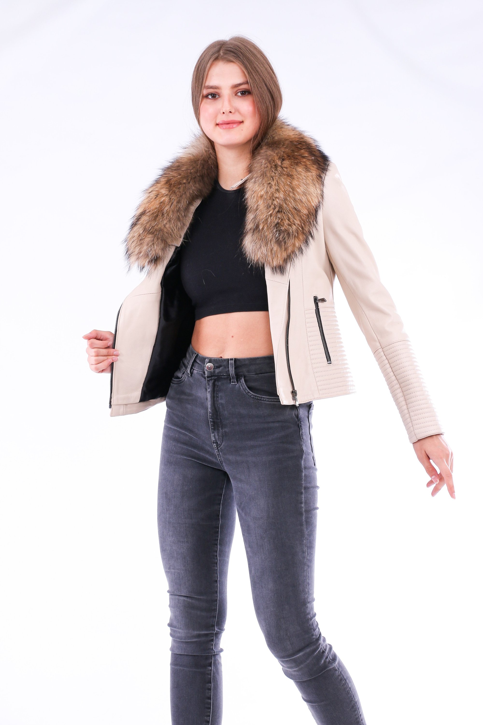 Ravenna Leather Biker Jacket in white with detachable fox fur collar, showcasing premium quality leather and stylish design.