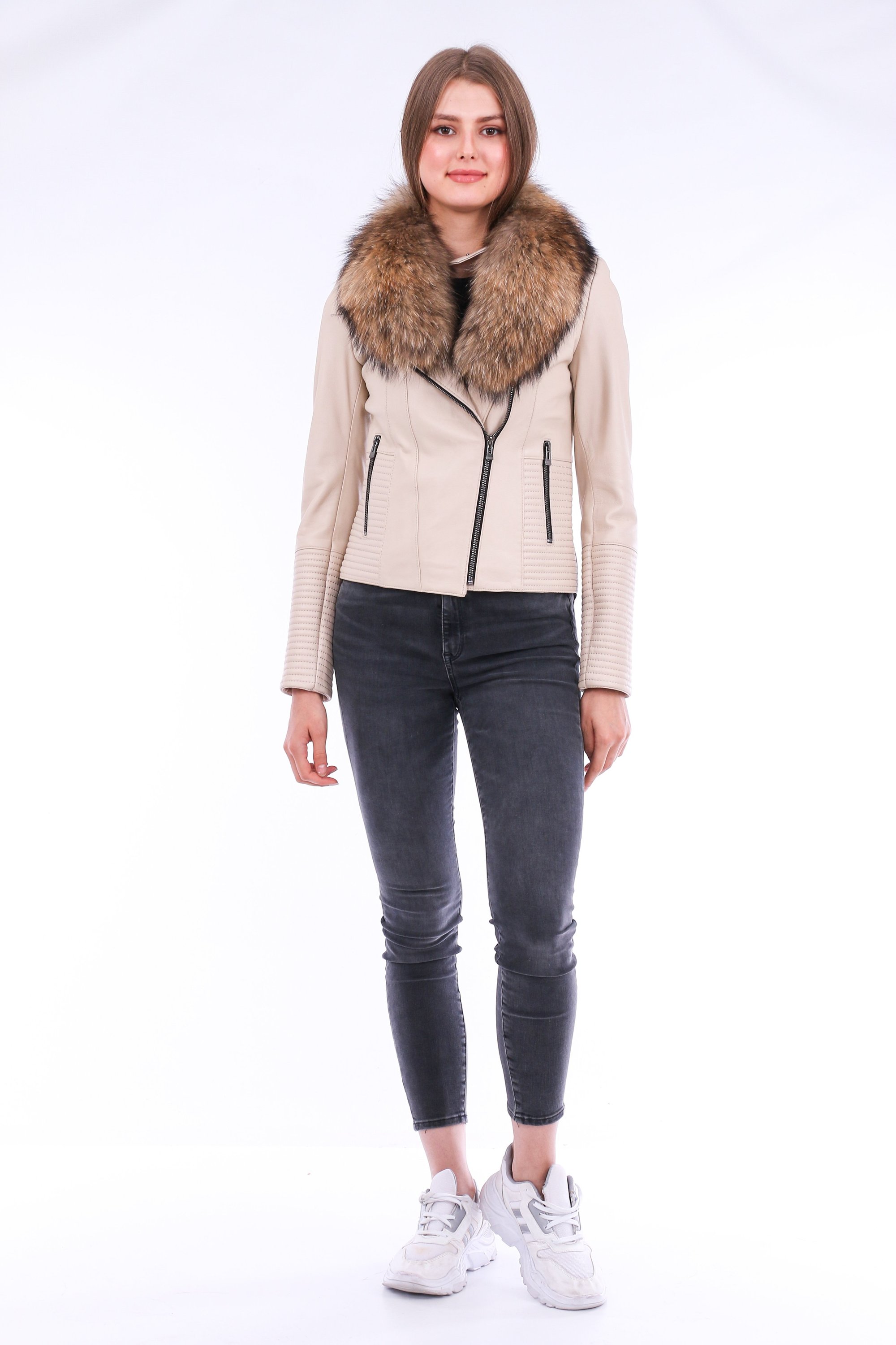 Ravenna Leather Biker Jacket in white with detachable fox fur collar, showcasing premium quality leather and stylish design.