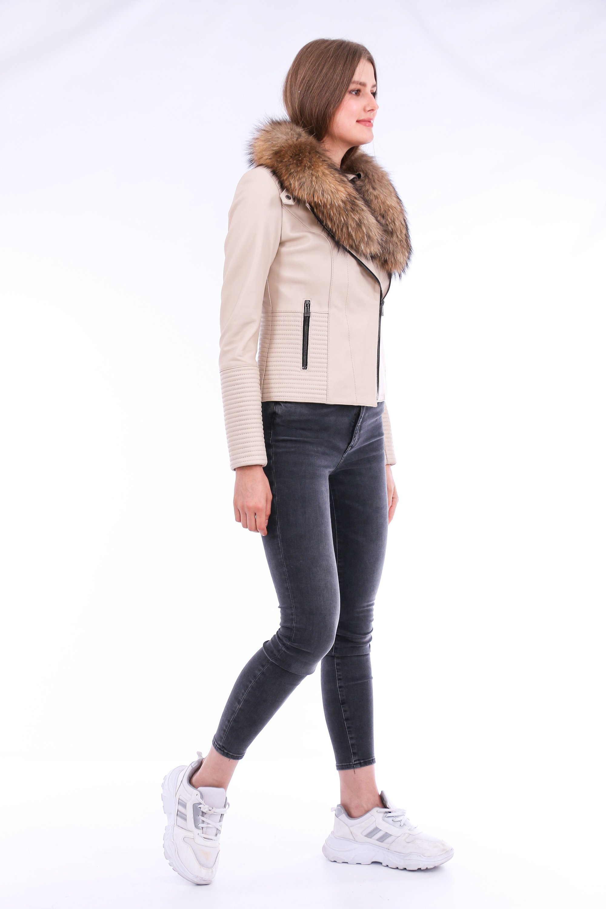 Ravenna Leather Biker Jacket in white with detachable fox fur collar, showcasing premium quality leather and stylish design.