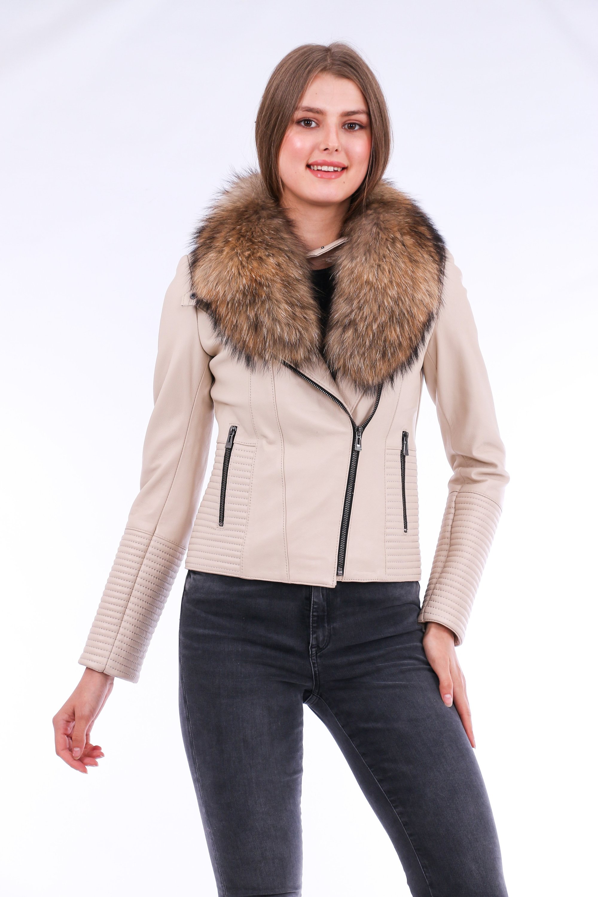 Ravenna Leather Biker Jacket in white with detachable fox fur collar, showcasing premium quality leather and stylish design.