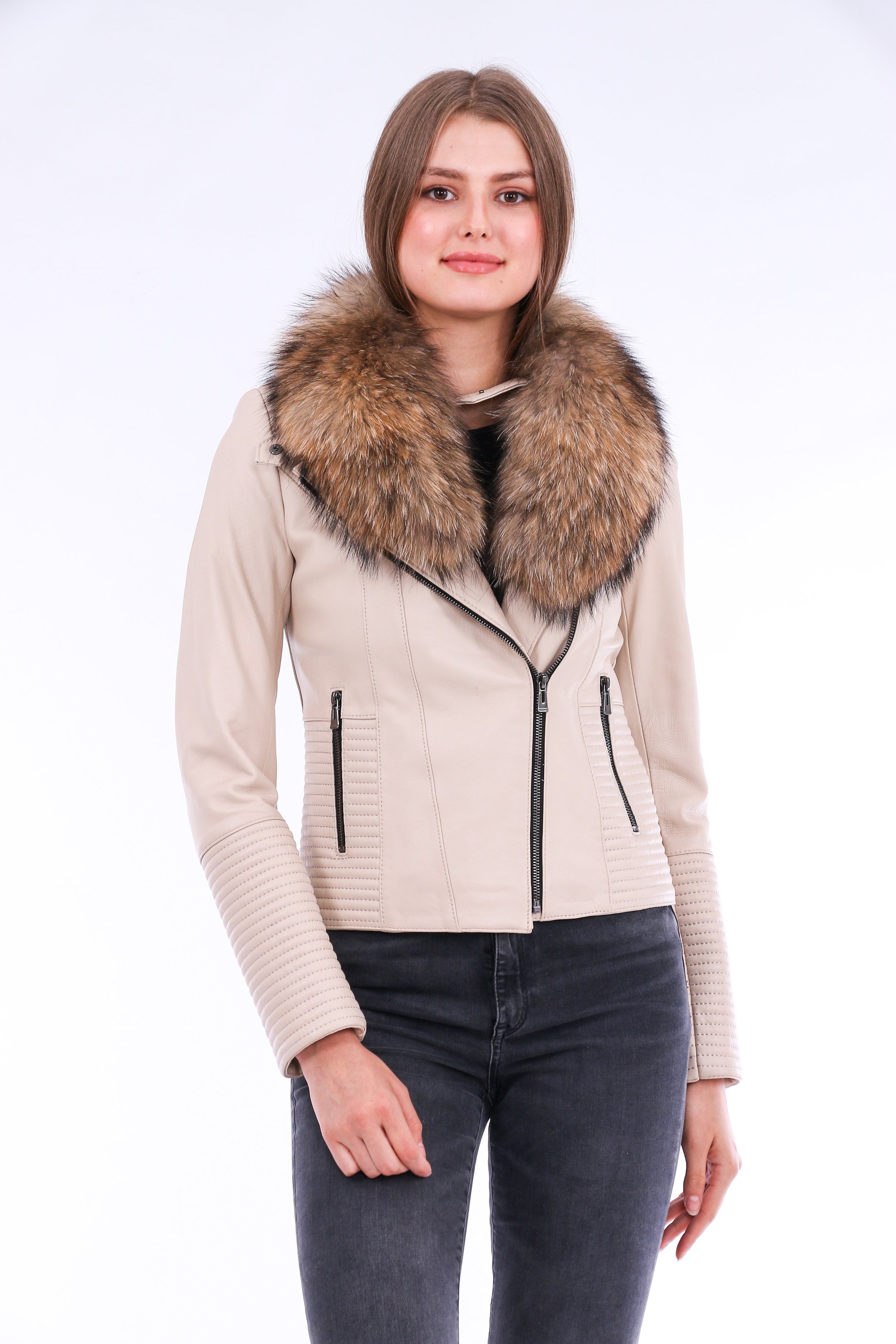 Ravenna Leather Biker Jacket in white with detachable fox fur collar, showcasing premium quality leather and stylish design.