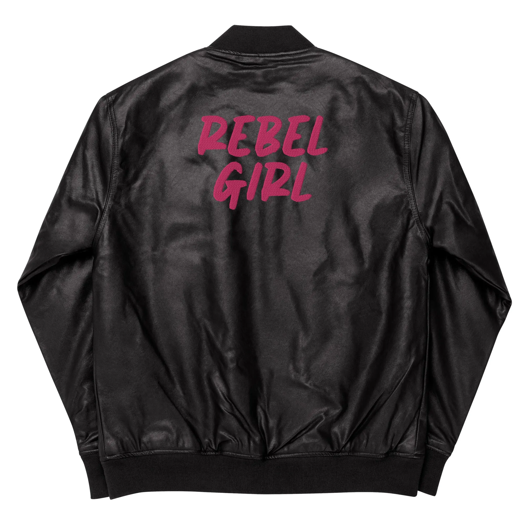 A stylish REBEL GIRL Leather Bomber Jacket made from 100% PU leather, featuring rib-knit banding and multiple pockets.