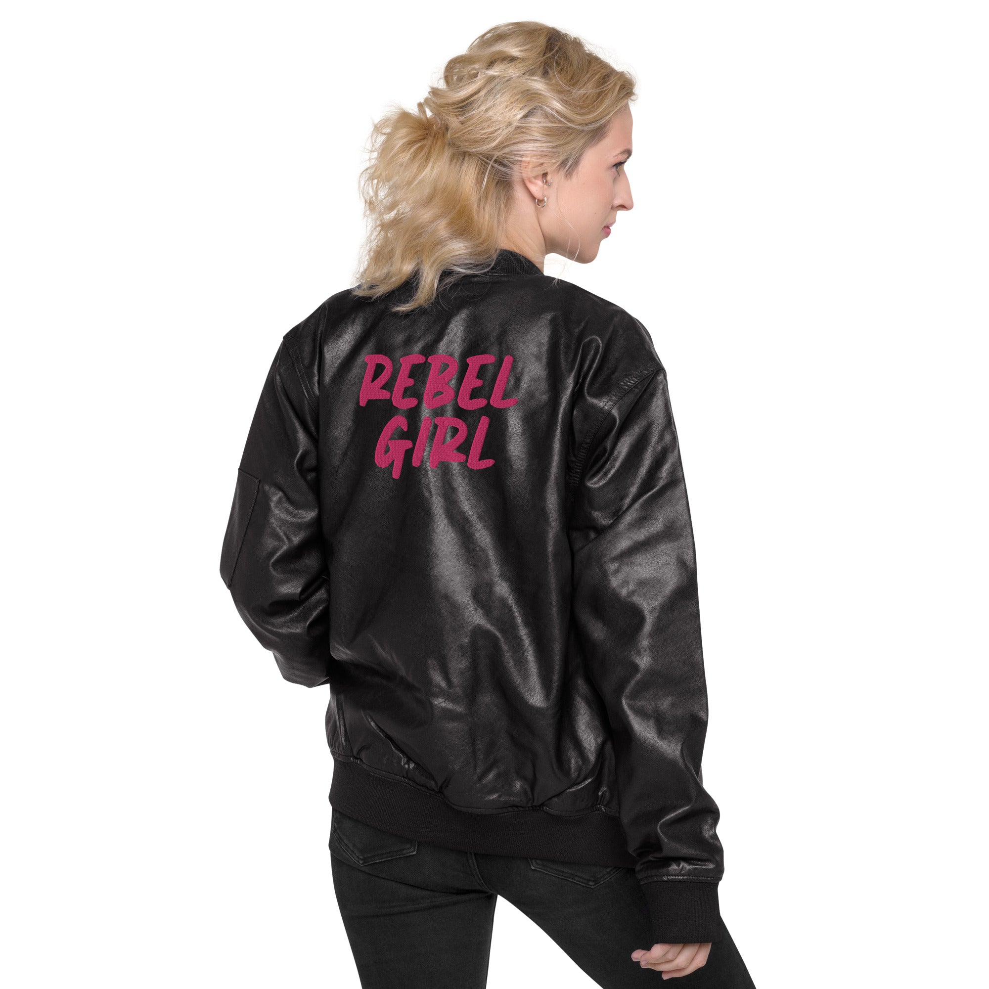 A stylish REBEL GIRL Leather Bomber Jacket made from 100% PU leather, featuring rib-knit banding and multiple pockets.