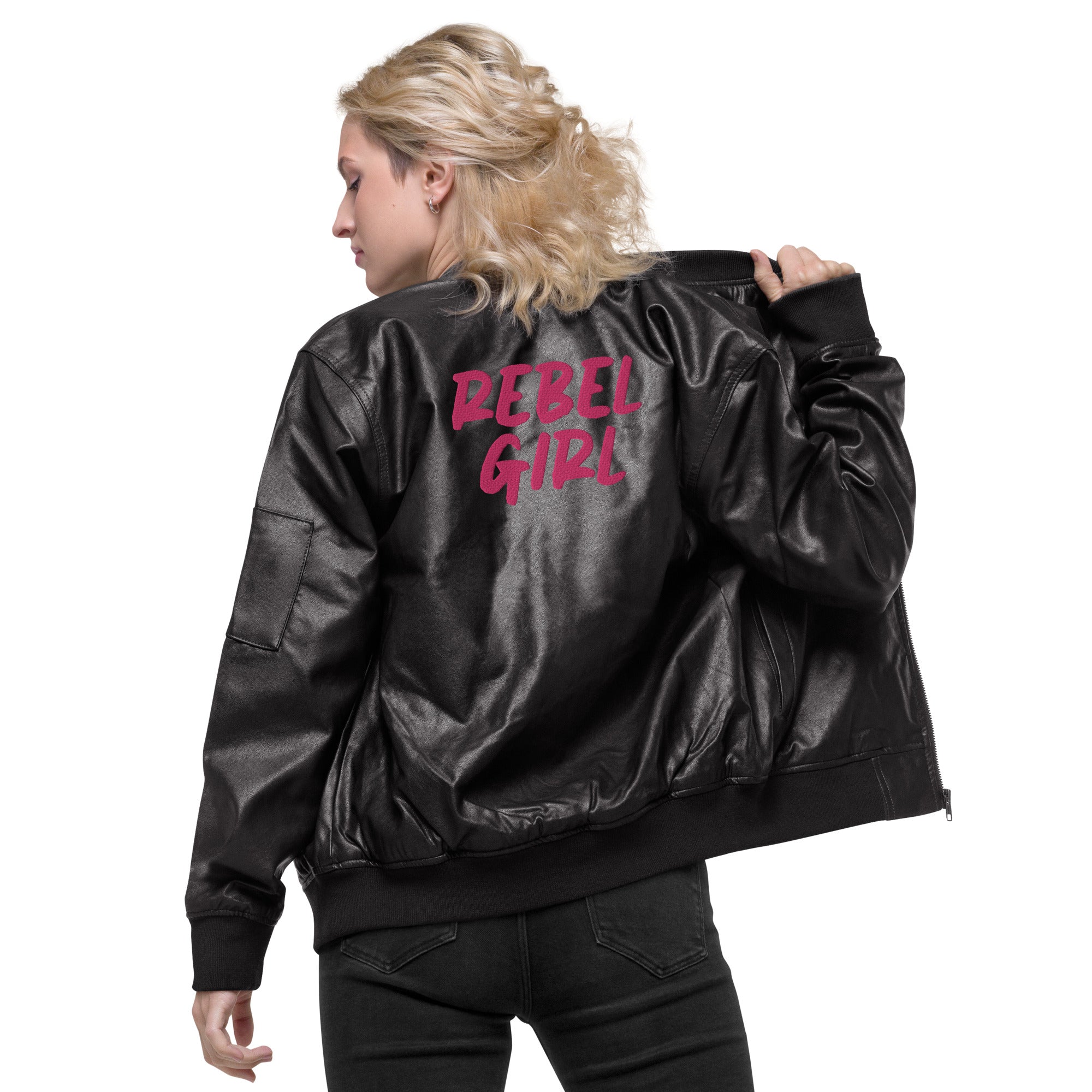 A stylish REBEL GIRL Leather Bomber Jacket made from 100% PU leather, featuring rib-knit banding and multiple pockets.