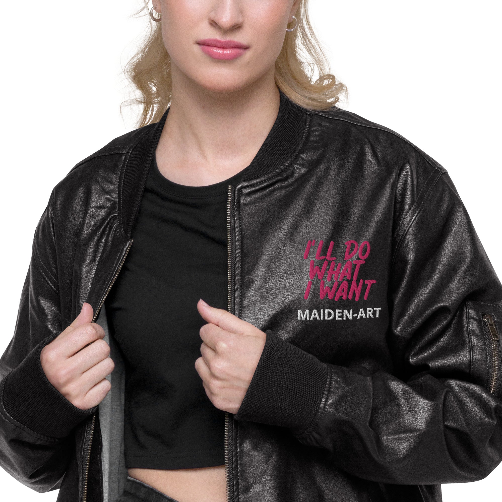 A stylish REBEL GIRL Leather Bomber Jacket made from 100% PU leather, featuring rib-knit banding and multiple pockets.