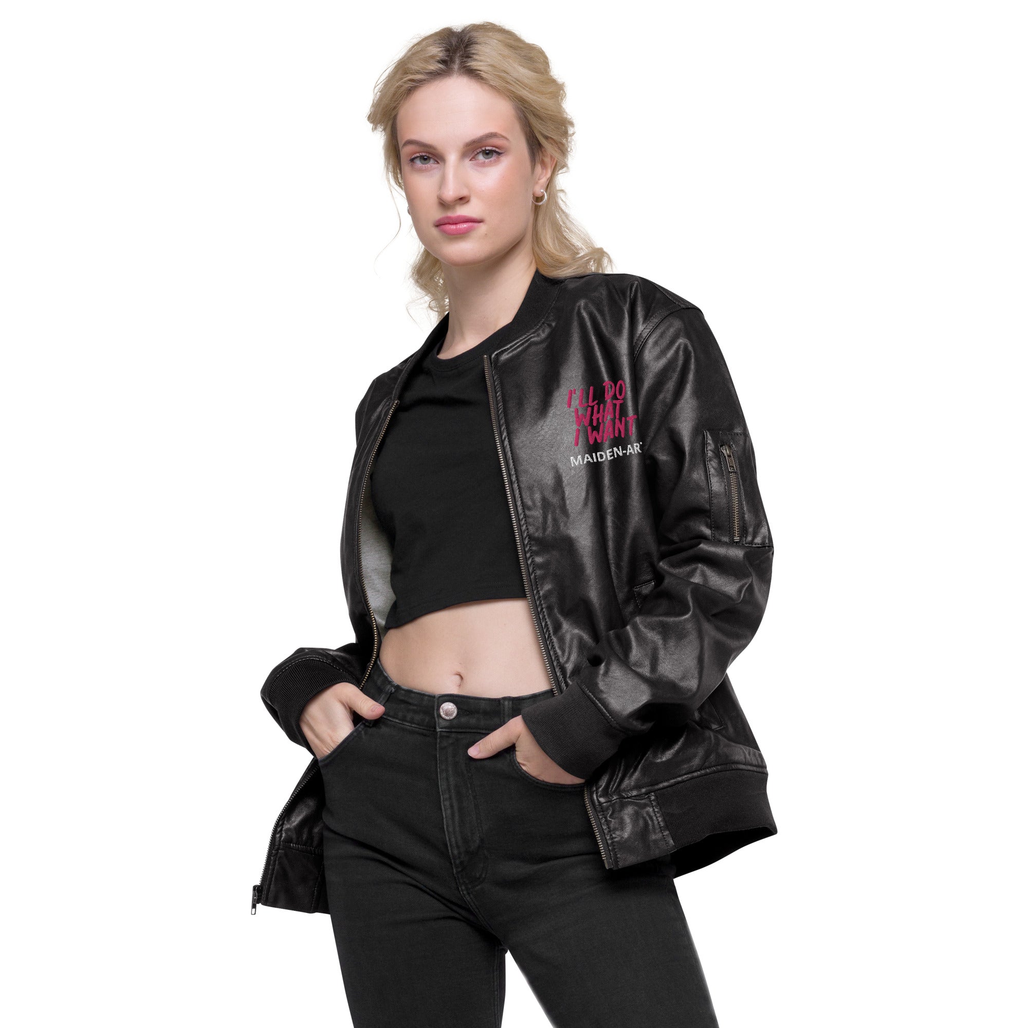 A stylish REBEL GIRL Leather Bomber Jacket made from 100% PU leather, featuring rib-knit banding and multiple pockets.