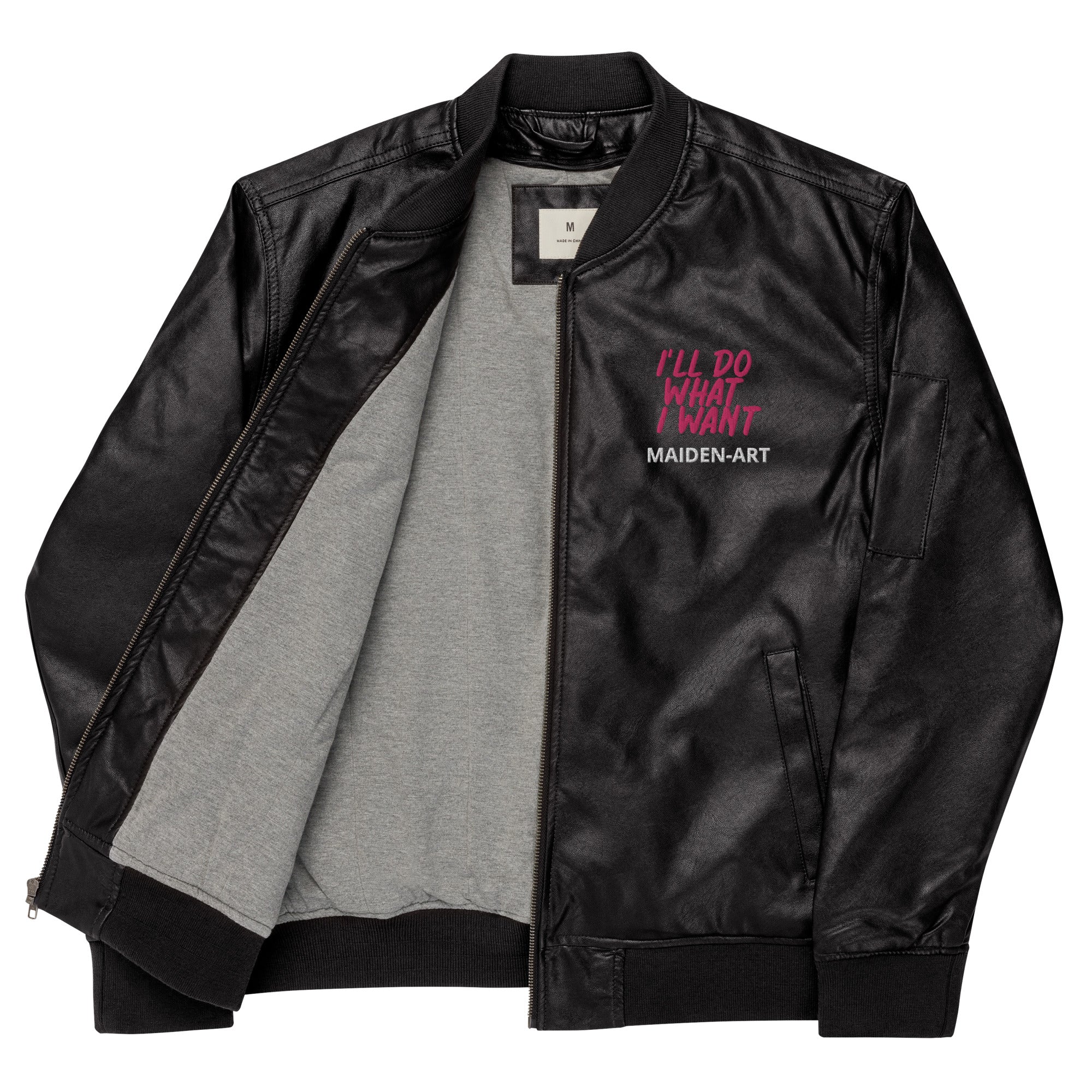 A stylish REBEL GIRL Leather Bomber Jacket made from 100% PU leather, featuring rib-knit banding and multiple pockets.