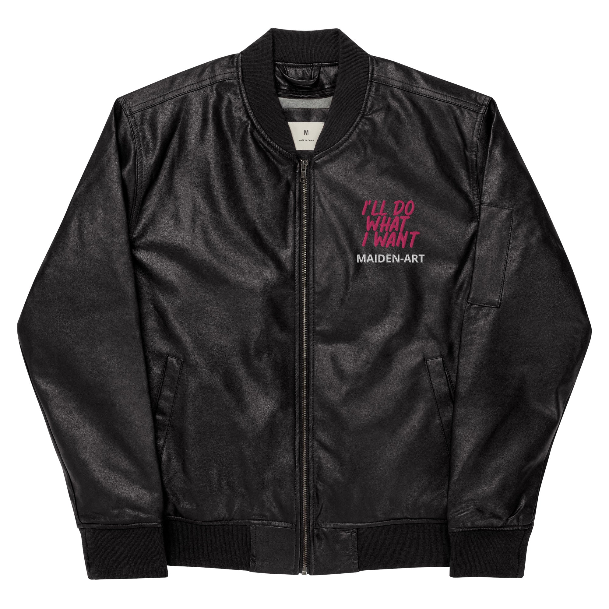 A stylish REBEL GIRL Leather Bomber Jacket made from 100% PU leather, featuring rib-knit banding and multiple pockets.