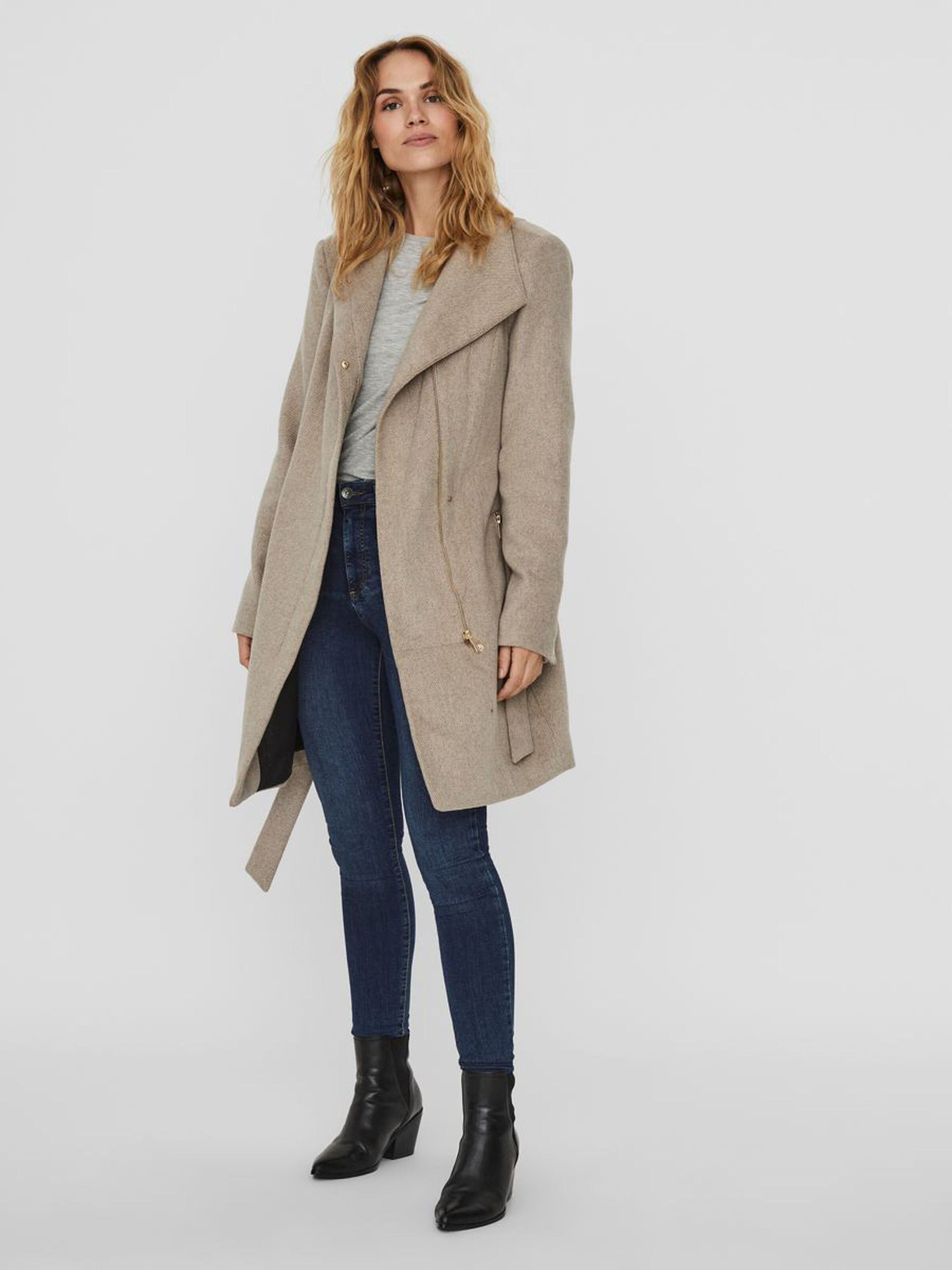 A stylish Recycled Wool Blend Belted Winter Coat featuring a high neck, wrap belt, and zip pockets, perfect for winter wear.