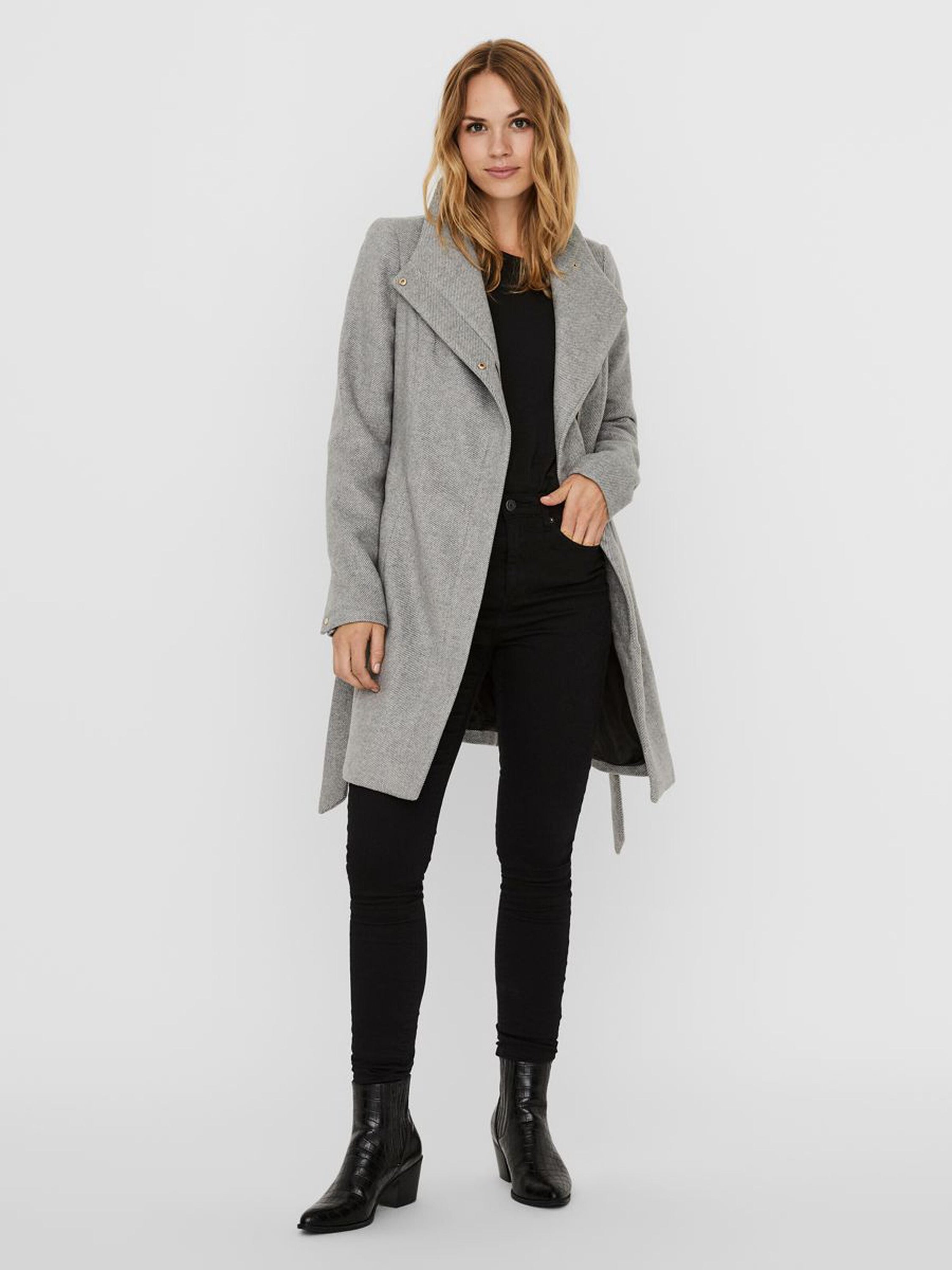 A stylish Recycled Wool Blend Belted Winter Coat featuring a high neck, wrap belt, and zip pockets, perfect for winter wear.