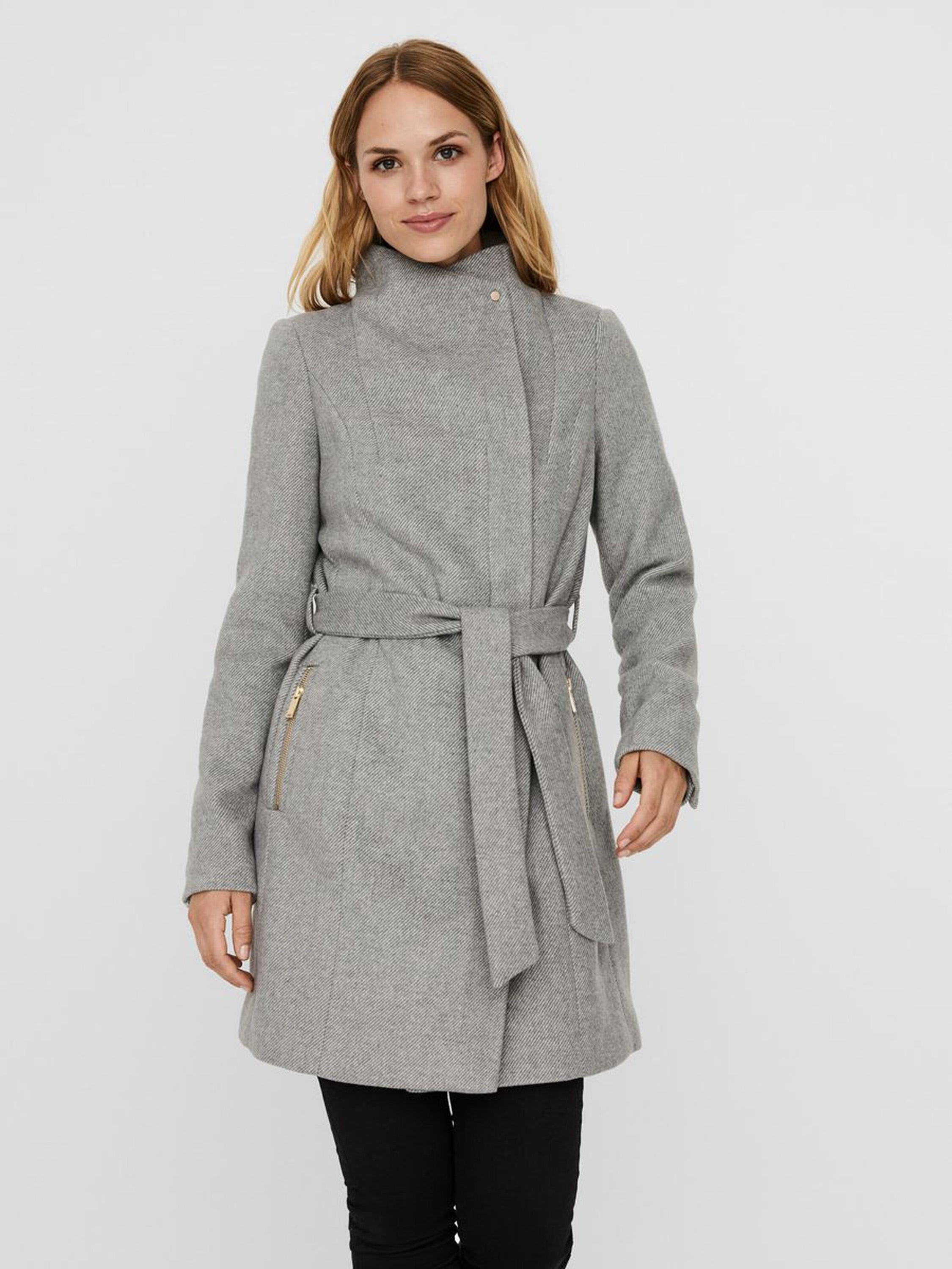 A stylish Recycled Wool Blend Belted Winter Coat featuring a high neck, wrap belt, and zip pockets, perfect for winter wear.