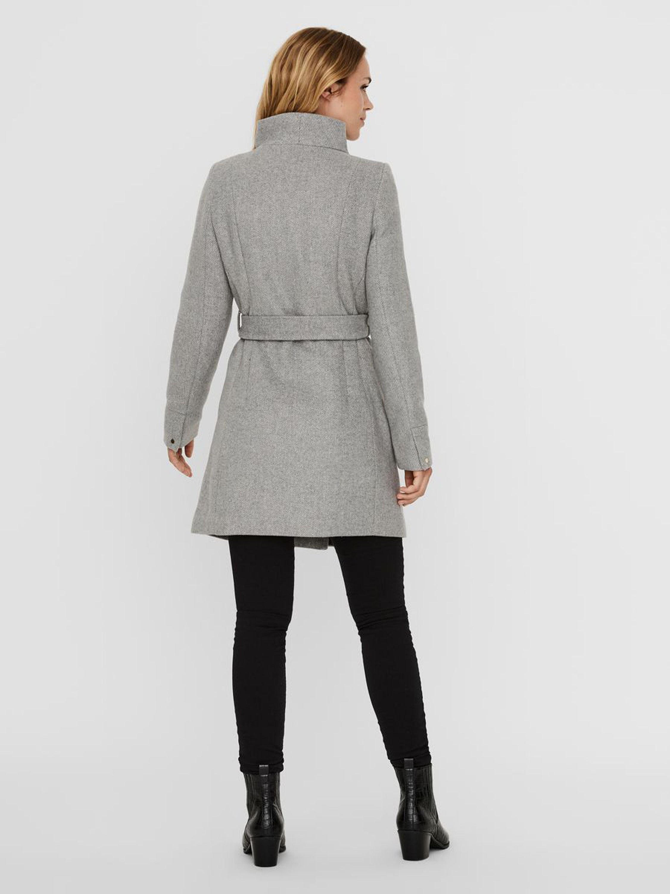 A stylish Recycled Wool Blend Belted Winter Coat featuring a high neck, wrap belt, and zip pockets, perfect for winter wear.