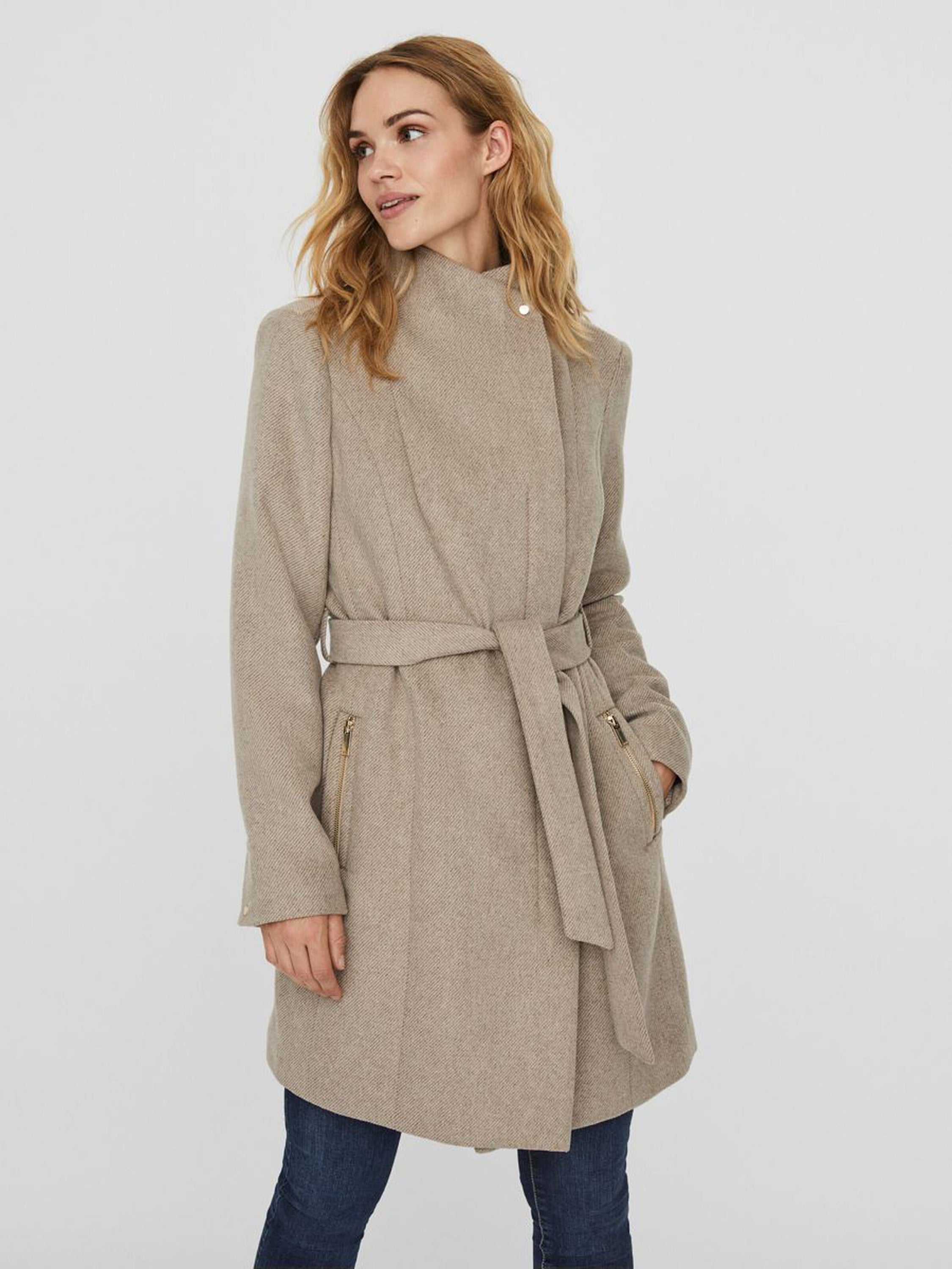 A stylish Recycled Wool Blend Belted Winter Coat featuring a high neck, wrap belt, and zip pockets, perfect for winter wear.