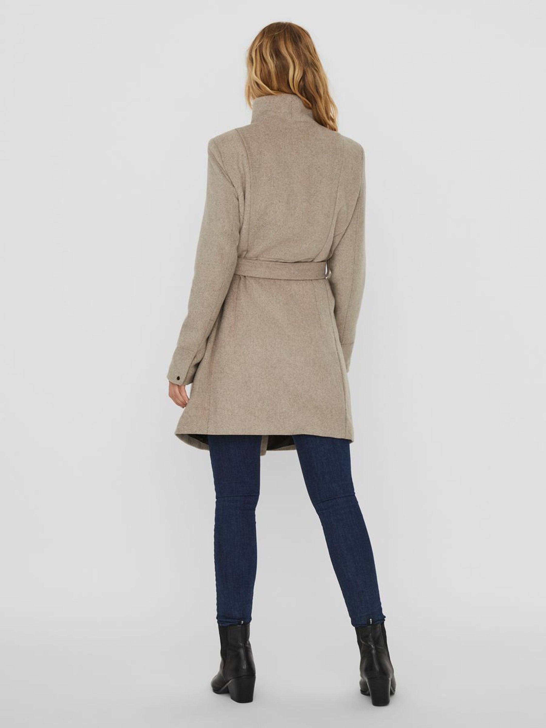 A stylish Recycled Wool Blend Belted Winter Coat featuring a high neck, wrap belt, and zip pockets, perfect for winter wear.