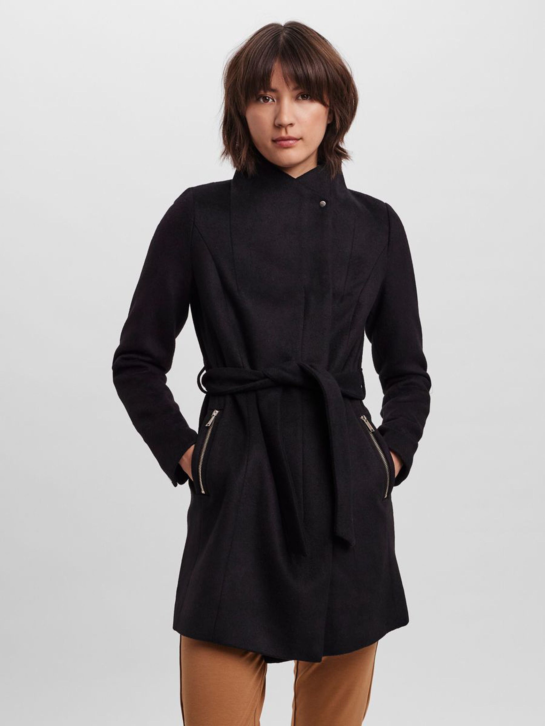 A stylish Recycled Wool Blend Belted Winter Coat featuring a high neck, wrap belt, and zip pockets, perfect for winter wear.