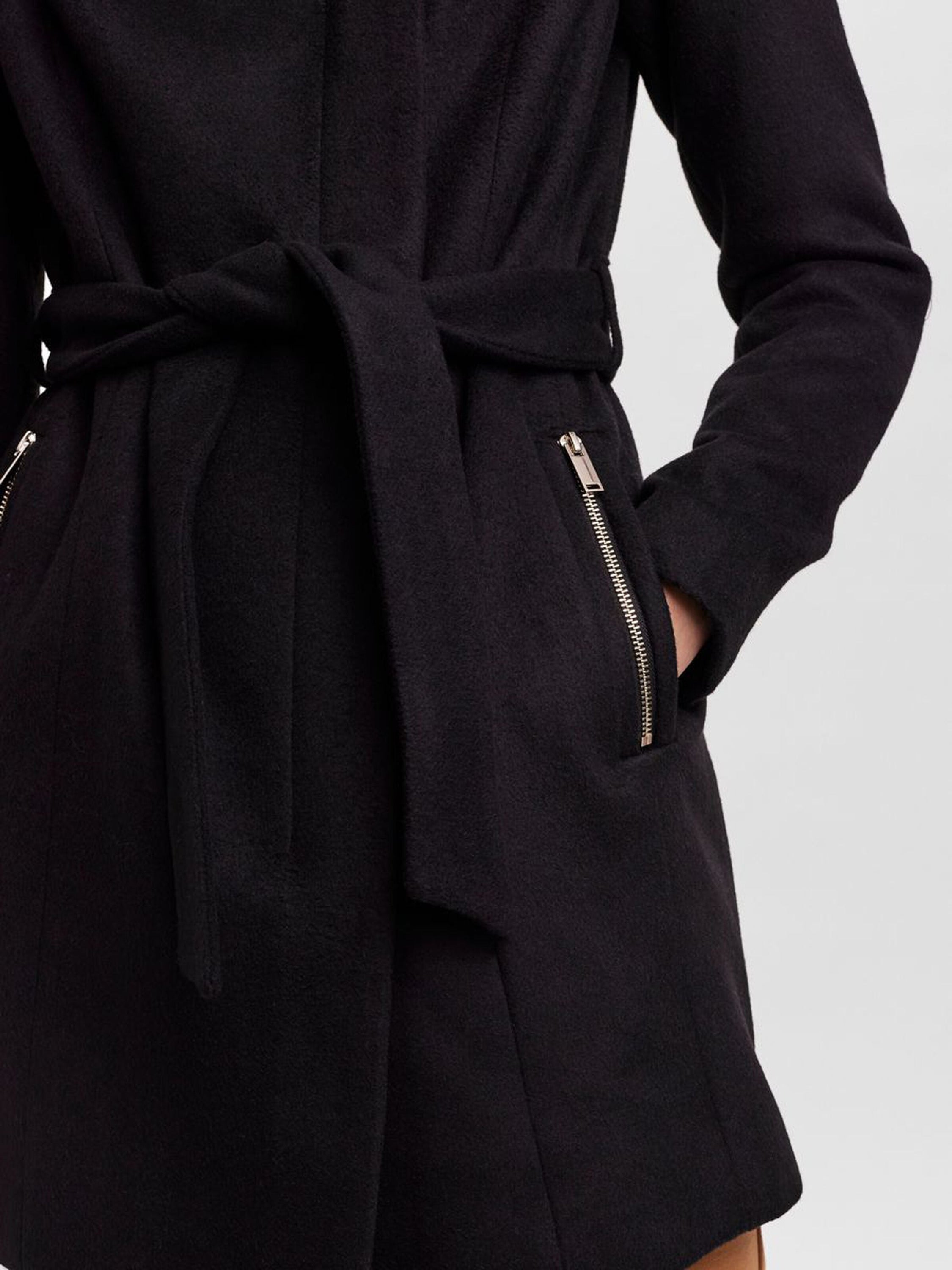 A stylish Recycled Wool Blend Belted Winter Coat featuring a high neck, wrap belt, and zip pockets, perfect for winter wear.