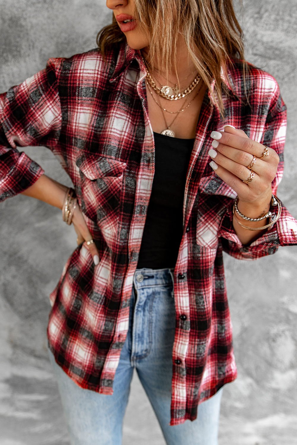 Red Buttons Plaid Shacket featuring a classic plaid pattern, turn-down collar, and front pockets, perfect for casual wear.