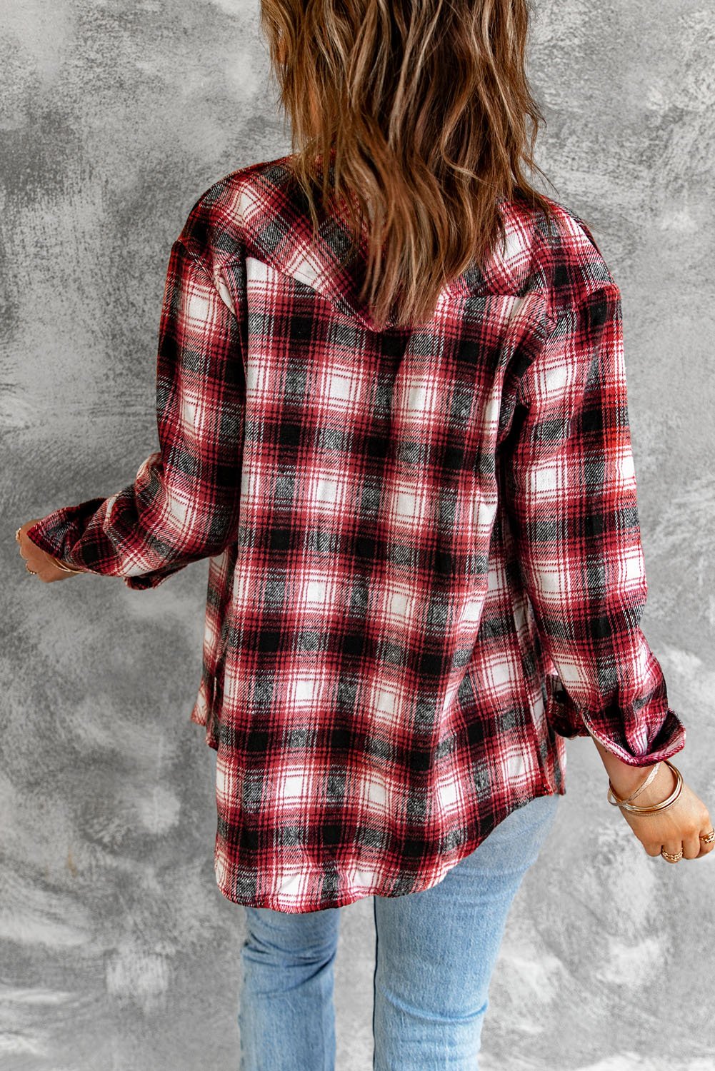 Red Buttons Plaid Shacket featuring a classic plaid pattern, turn-down collar, and front pockets, perfect for casual wear.