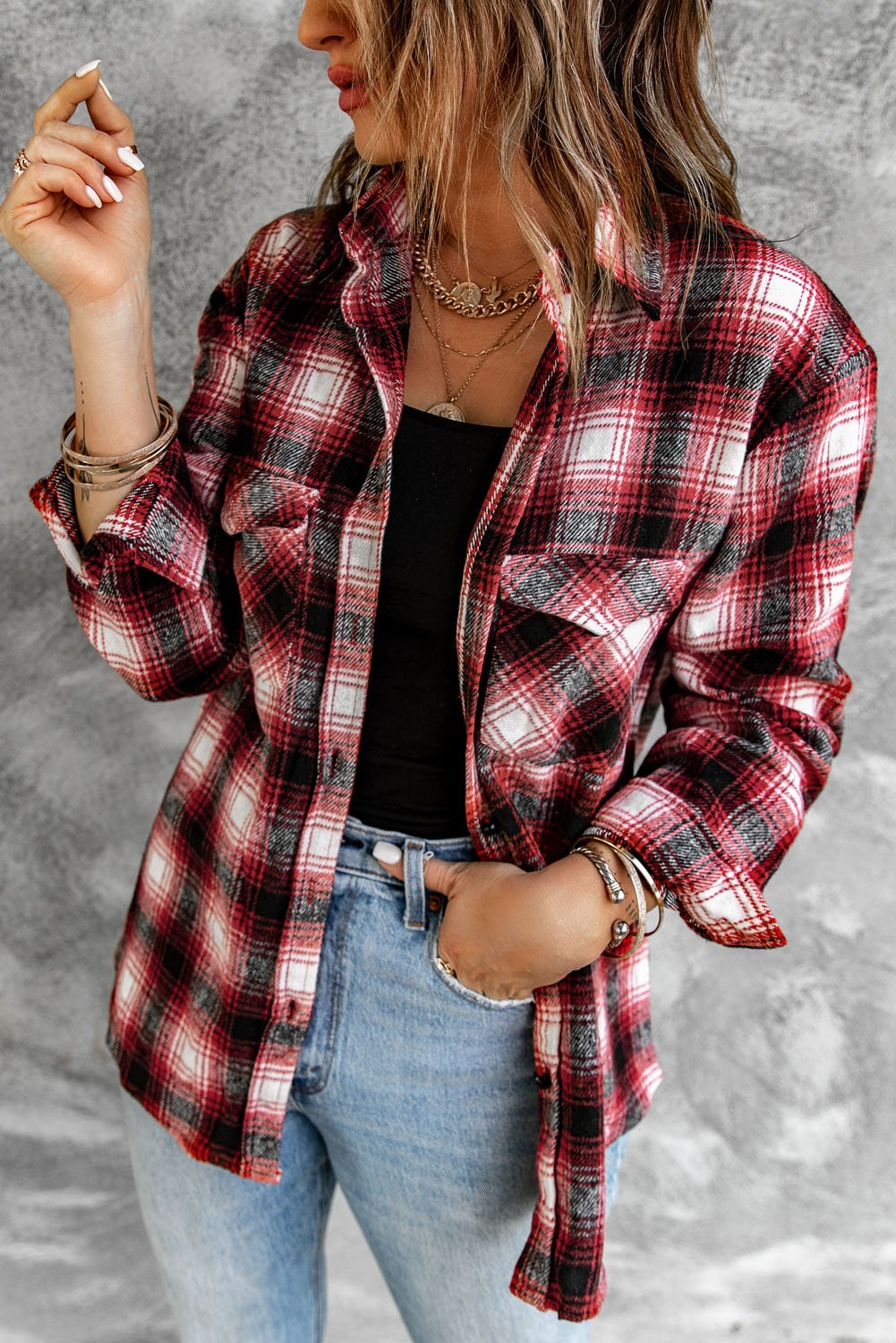 Red Buttons Plaid Shacket featuring a classic plaid pattern, turn-down collar, and front pockets, perfect for casual wear.