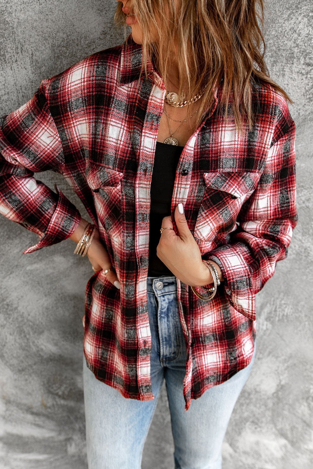 Red Buttons Plaid Shacket featuring a classic plaid pattern, turn-down collar, and front pockets, perfect for casual wear.